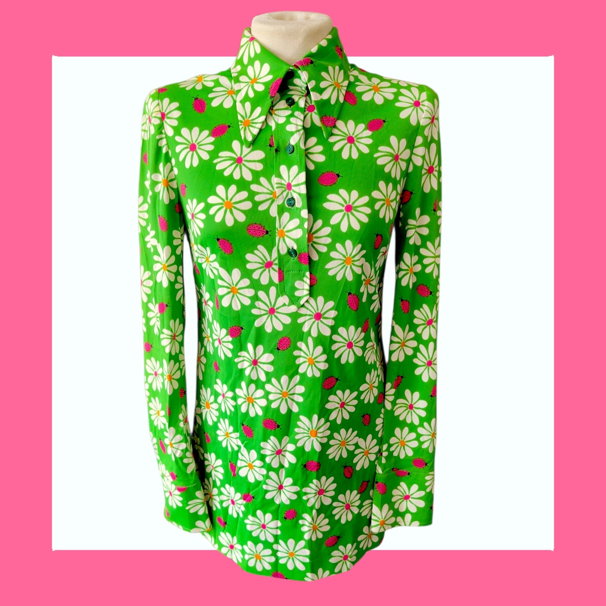 Vintage 1960s Mod Daisy & Ladybird Mini Dress | Green Dagger Collar Dress Size 10