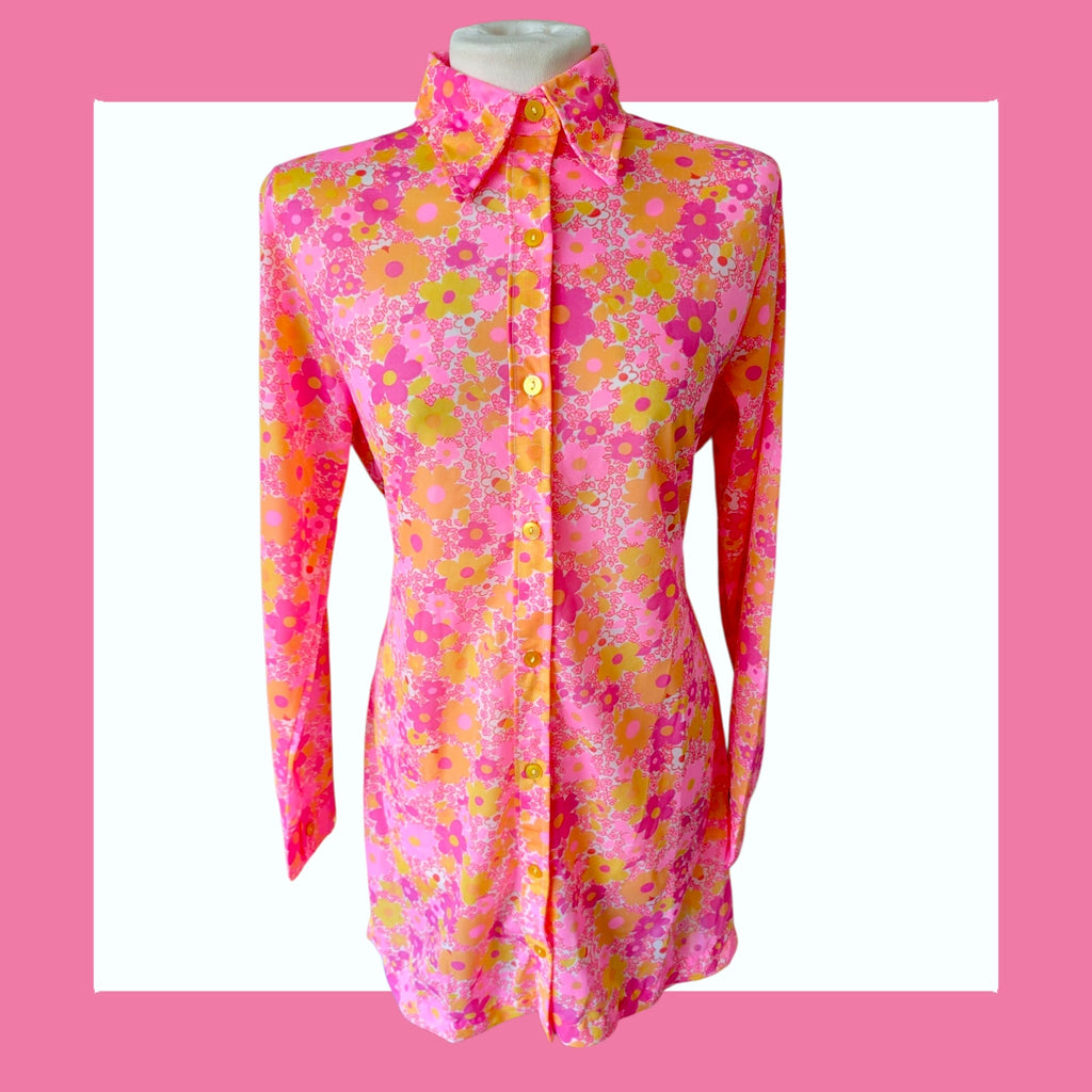 1960s floral mini dress with pointed dagger collar and psychedelic print