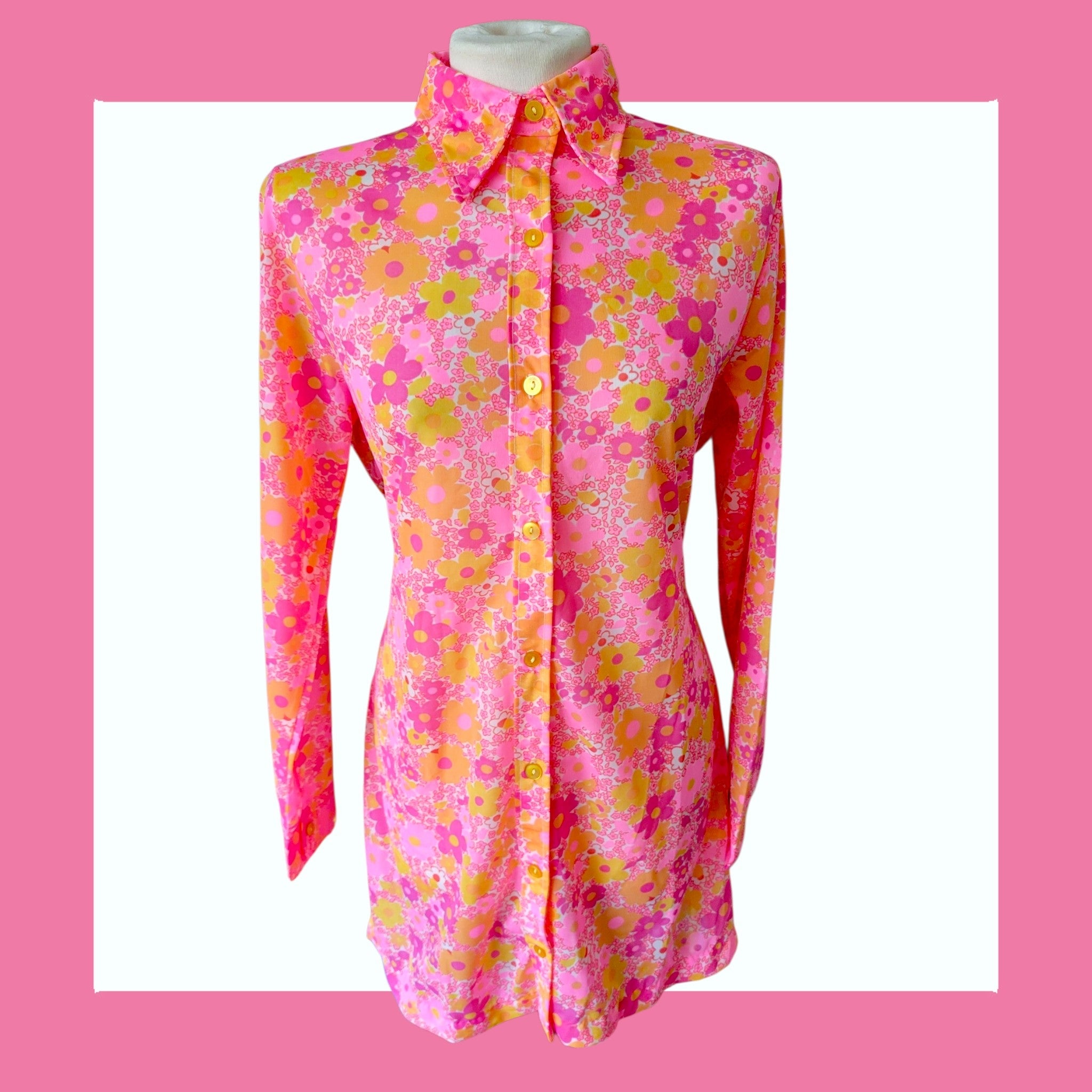 1960s floral mini dress with pointed dagger collar and psychedelic print