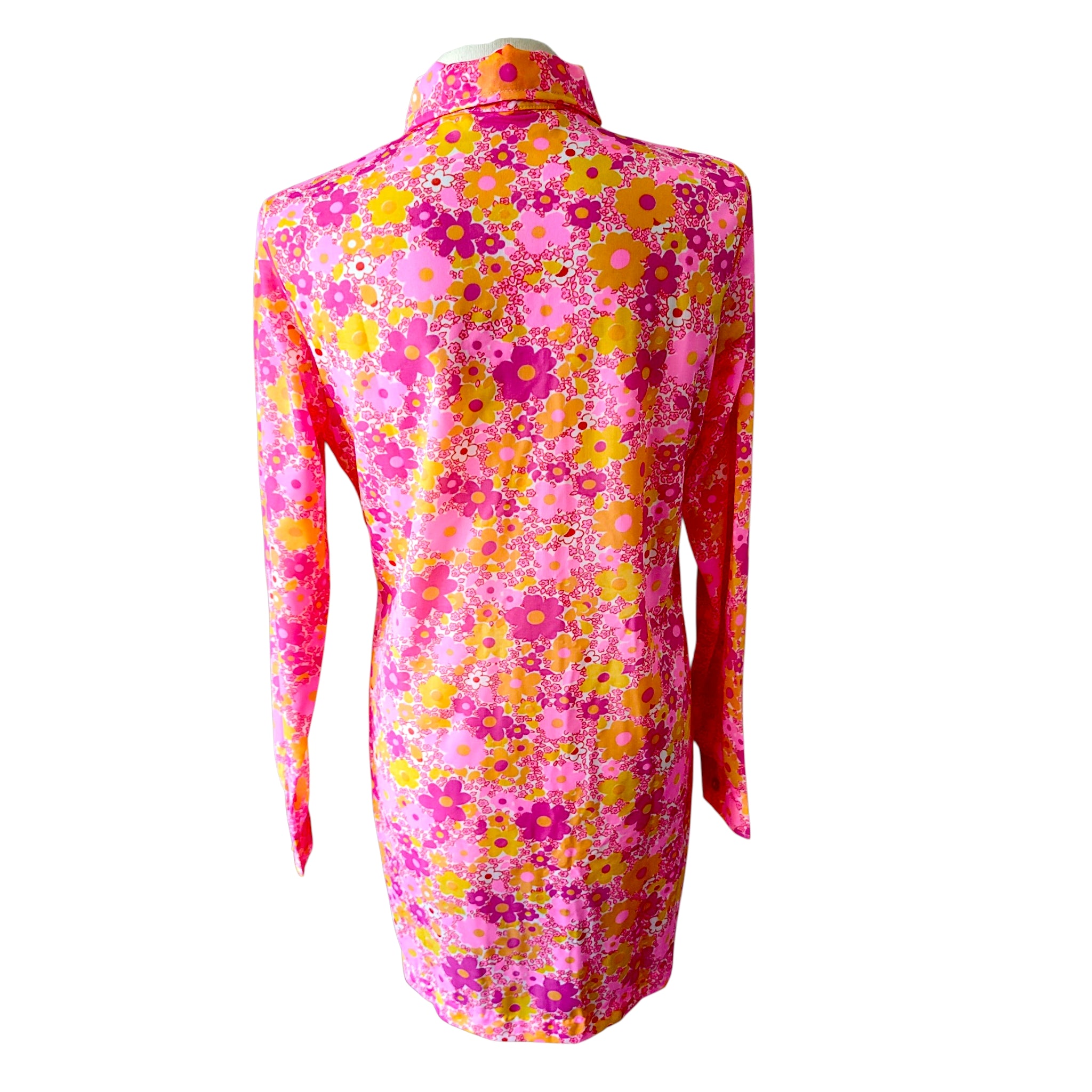 Swinging Sixties flower power dress in vibrant pink and orange floral pattern