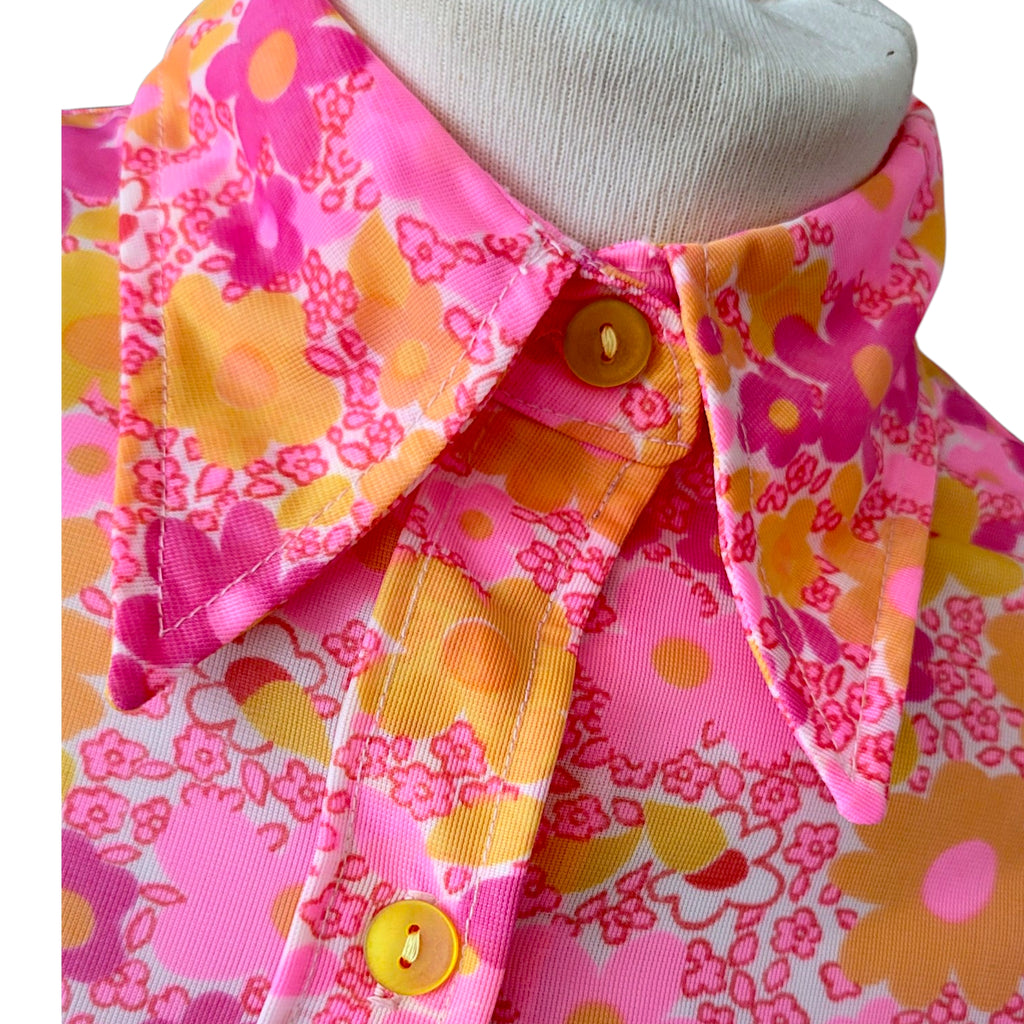 Vintage 1960s Neon Flower Power Mod Mini Dress | Pink & Orange Floral Dagger Collar Dress size 12/14
