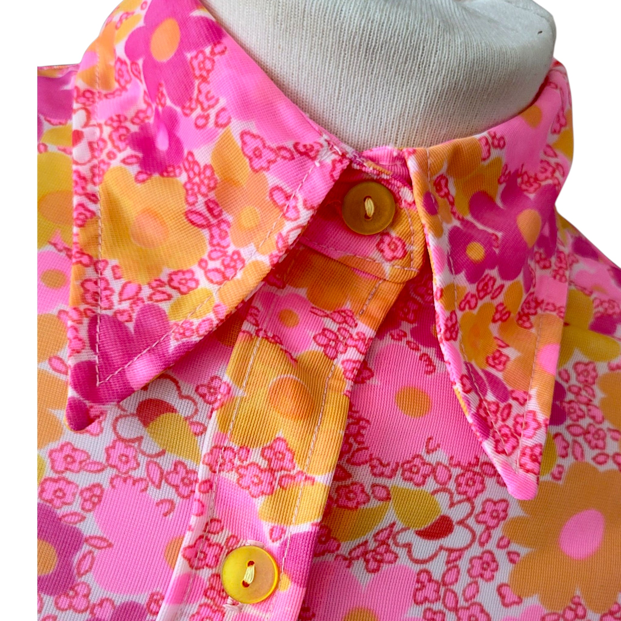 Vintage 1960s Neon Flower Power Mod Mini Dress | Pink & Orange Floral Dagger Collar Dress size 12/14