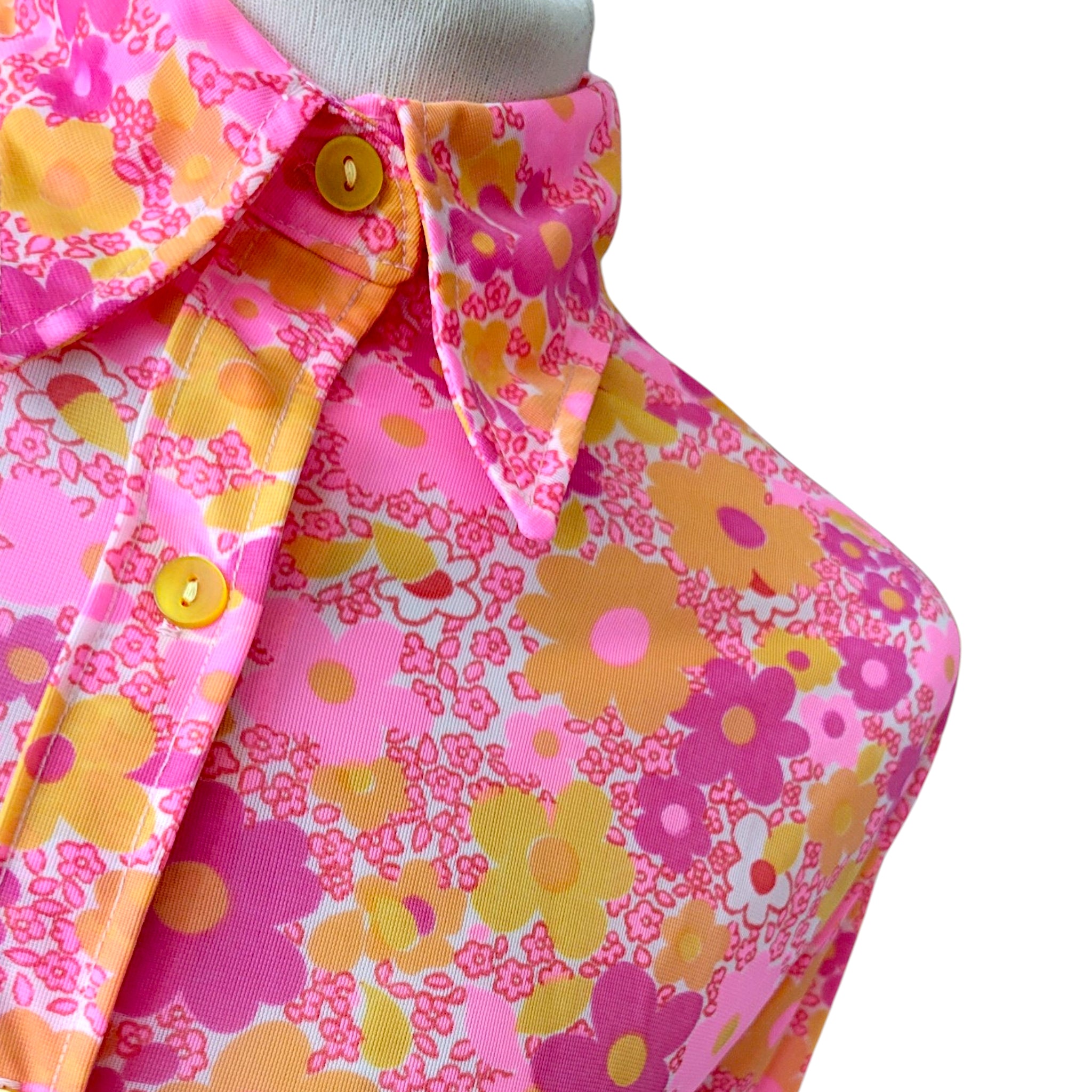 Vintage 1960s Neon Flower Power Mod Mini Dress | Pink & Orange Floral Dagger Collar Dress size 12/14