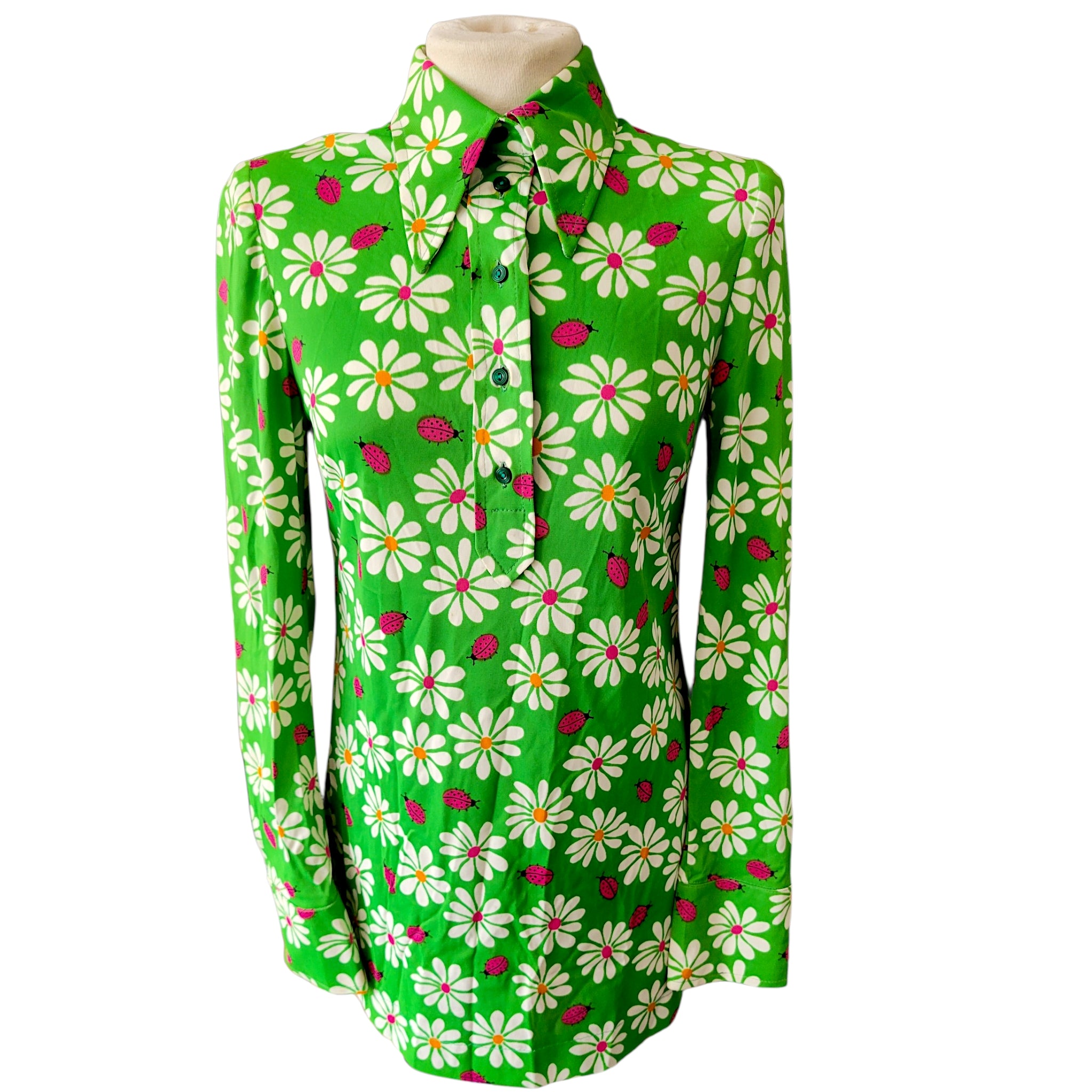 Vintage 1960s Mod Daisy & Ladybird Mini Dress | Green Dagger Collar Dress Size 10
