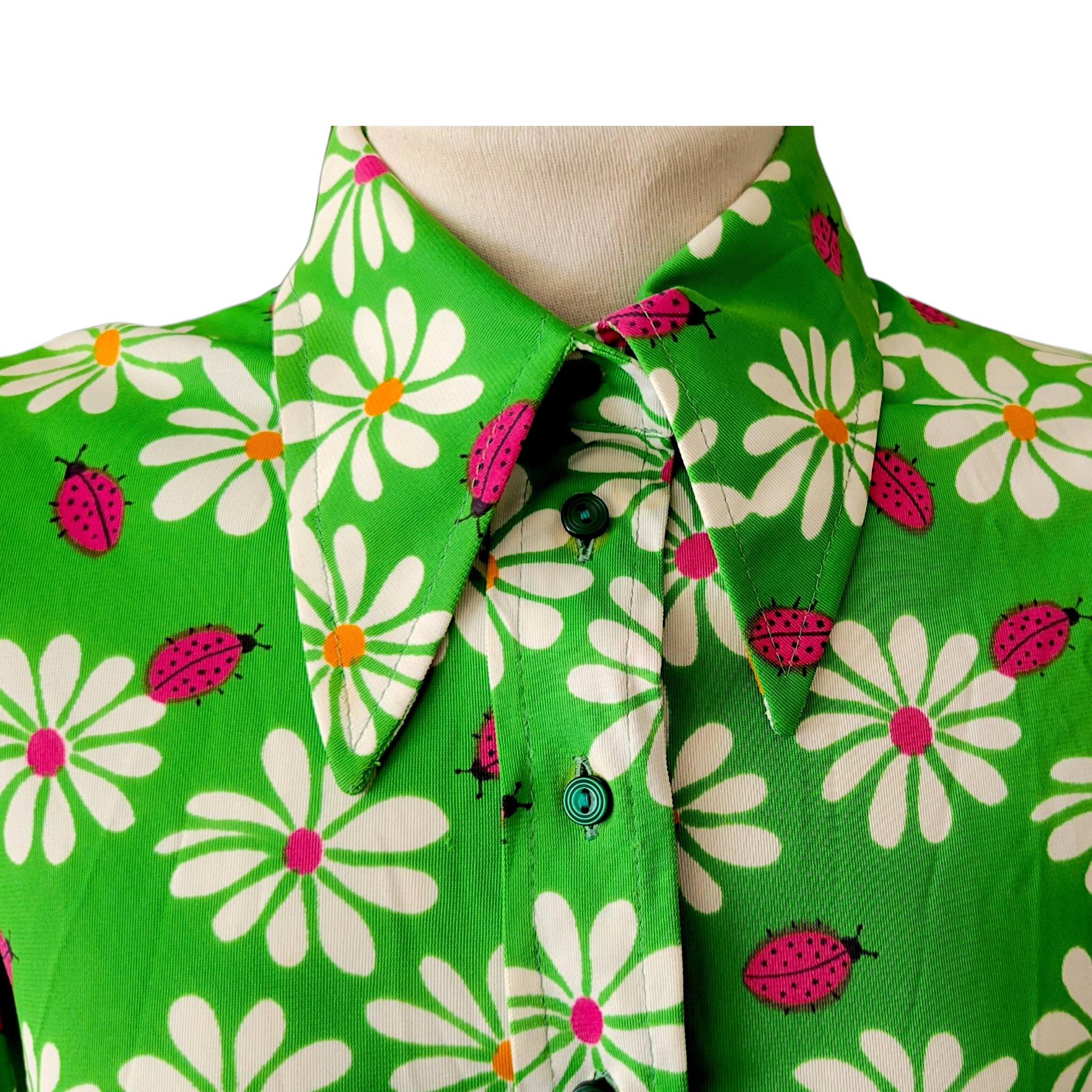 Vintage 1960s dagger collar dress with mod floral and ladybird print