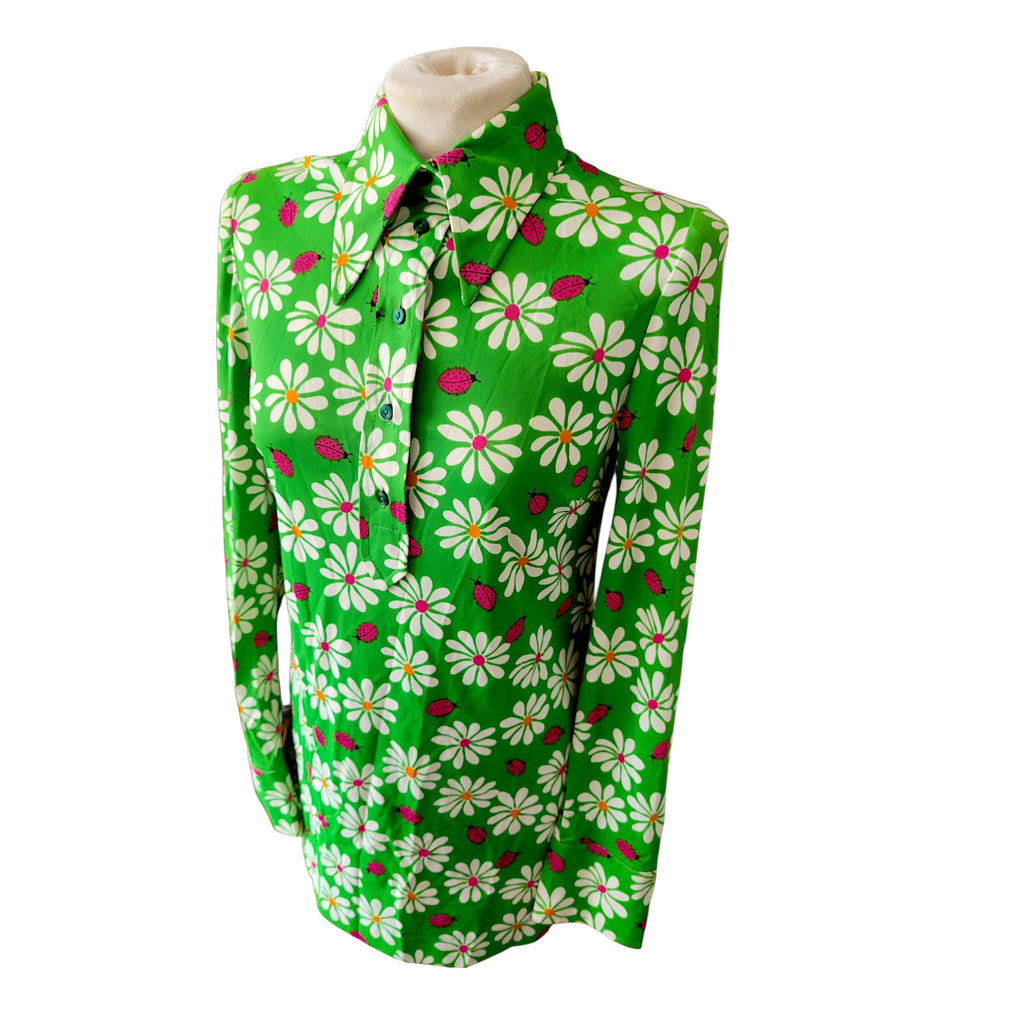Vintage 1960s Mod Daisy & Ladybird Mini Dress | Green Dagger Collar Dress Size 10