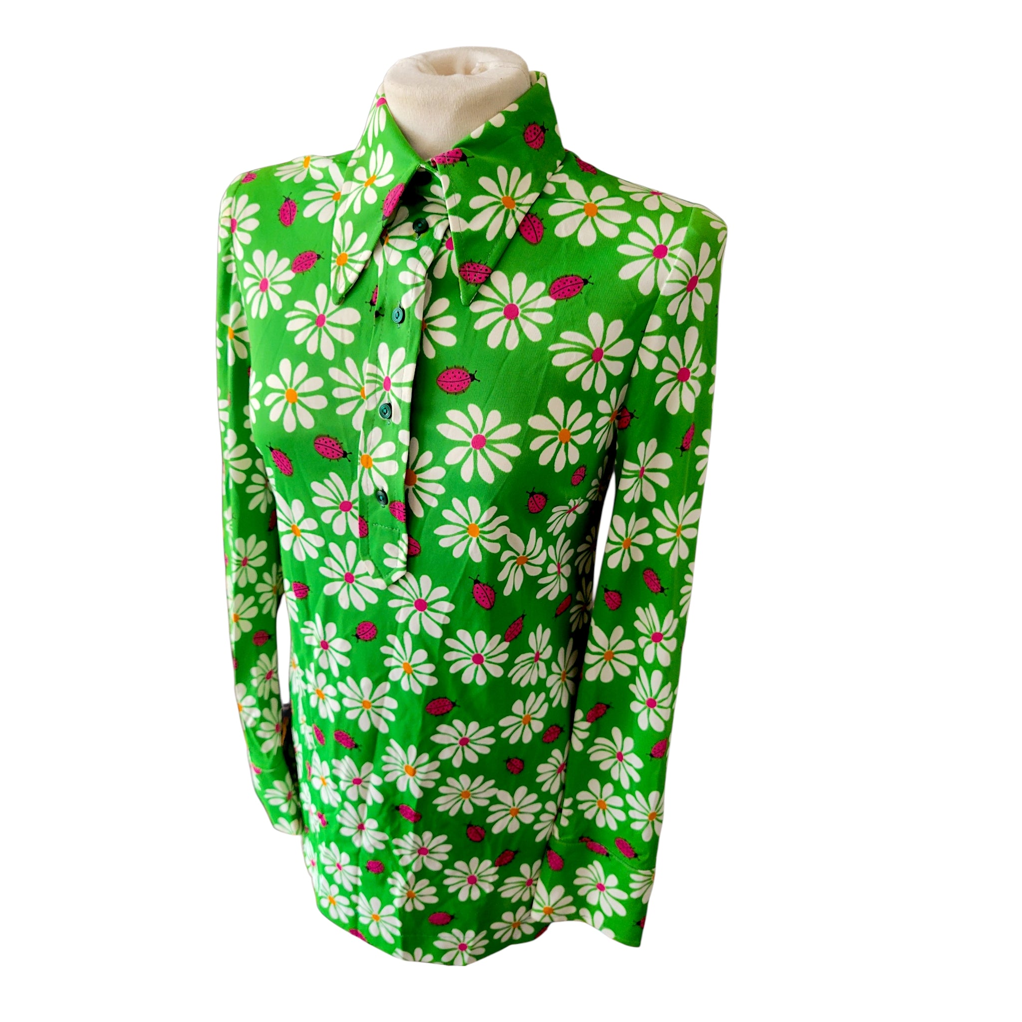 Vintage 1960s Mod Daisy & Ladybird Mini Dress | Green Dagger Collar Dress Size 10
