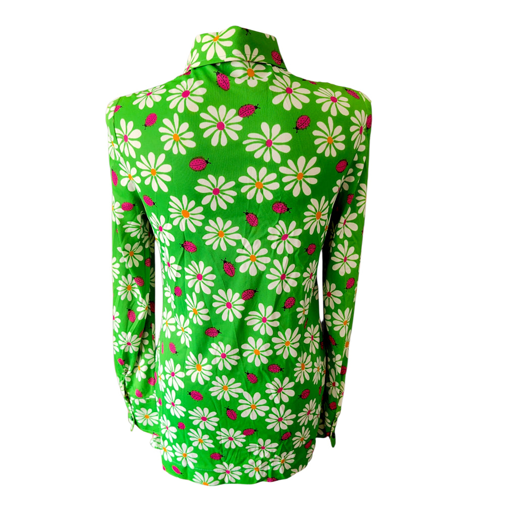Vintage 1960s Mod Daisy & Ladybird Mini Dress | Green Dagger Collar Dress Size 10