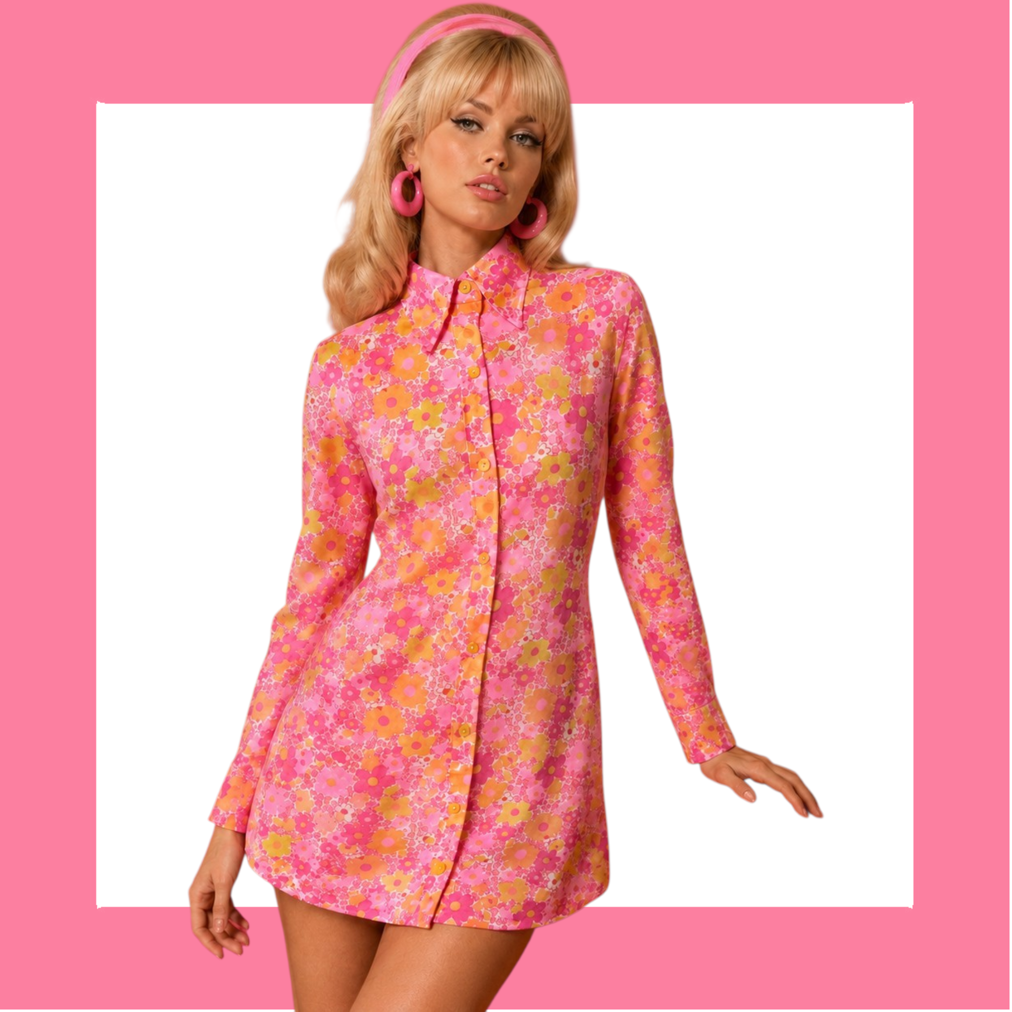 Vintage 1960s mod mini dress with neon pink orange and yellow flower power print