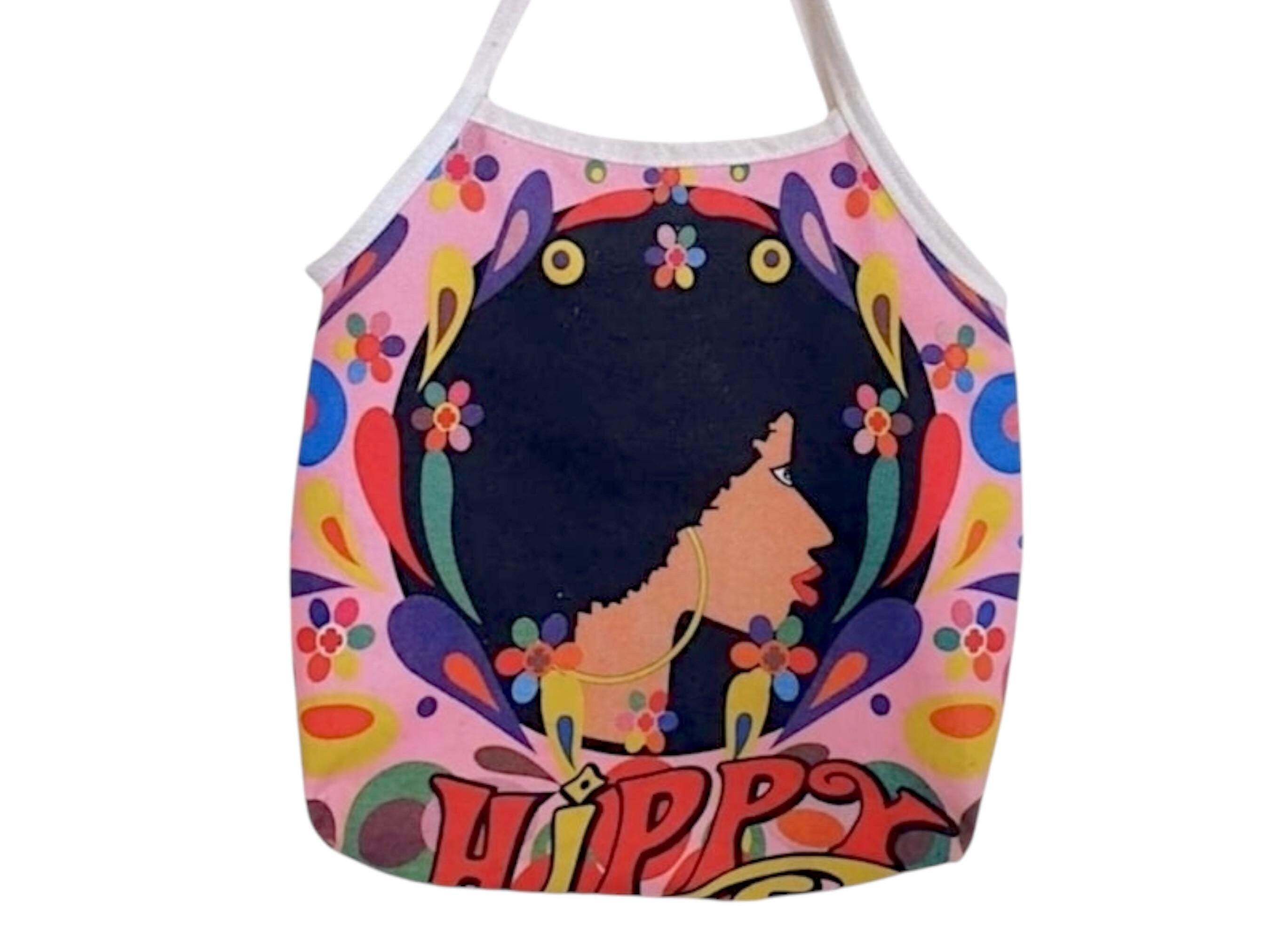 Vintage 1990s does 1970s psychedelic shoulder bag with image of a hippy girl with afro hair. purchase from Trash Vintage UK.