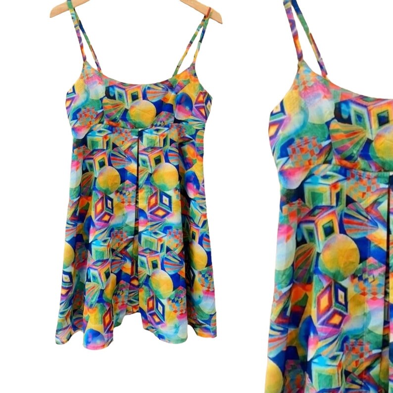 Vintage Abstract 1970s 1980s Colourful Mini Dress