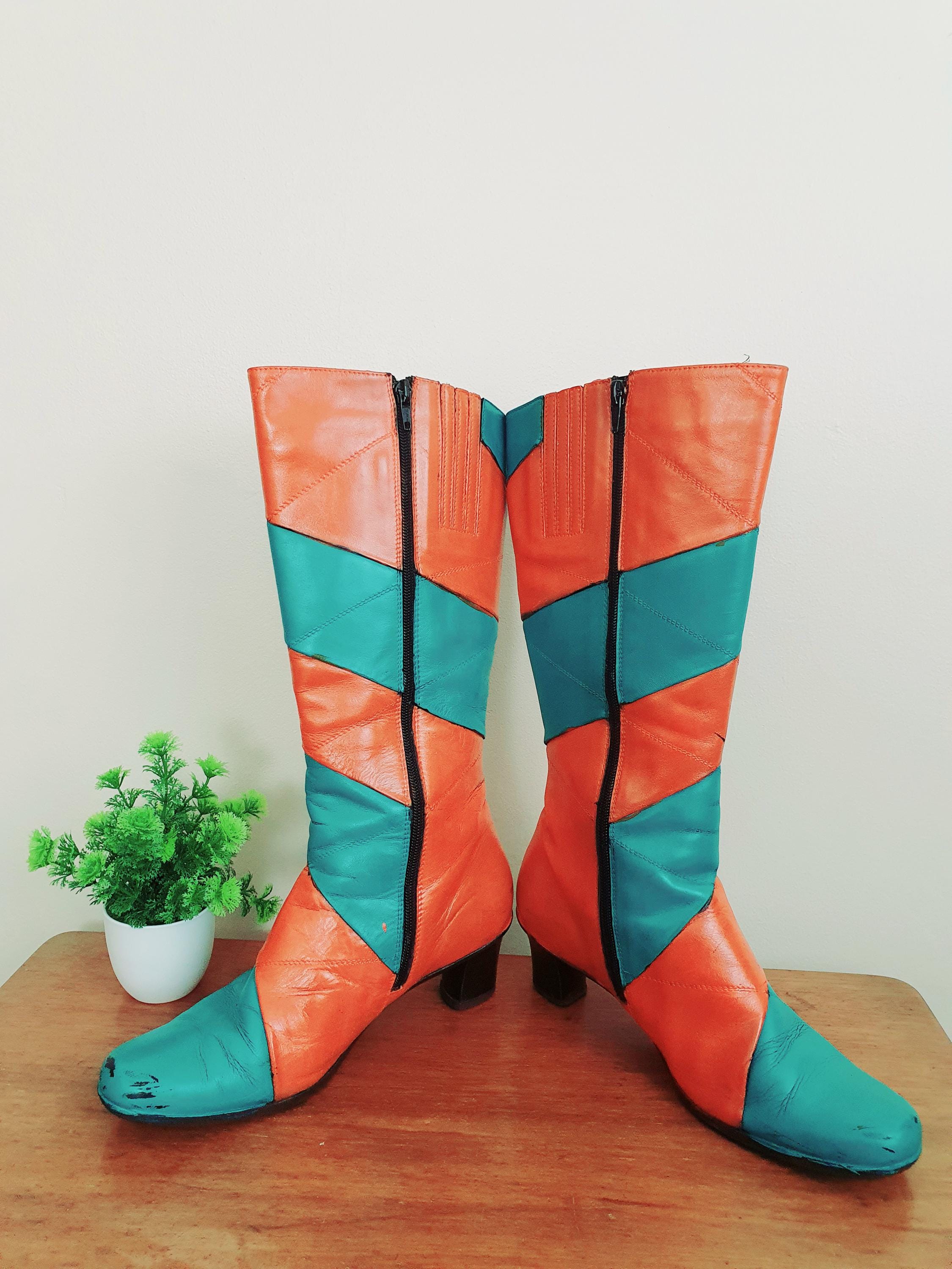 1960s Turquoise Orange Striped Boots