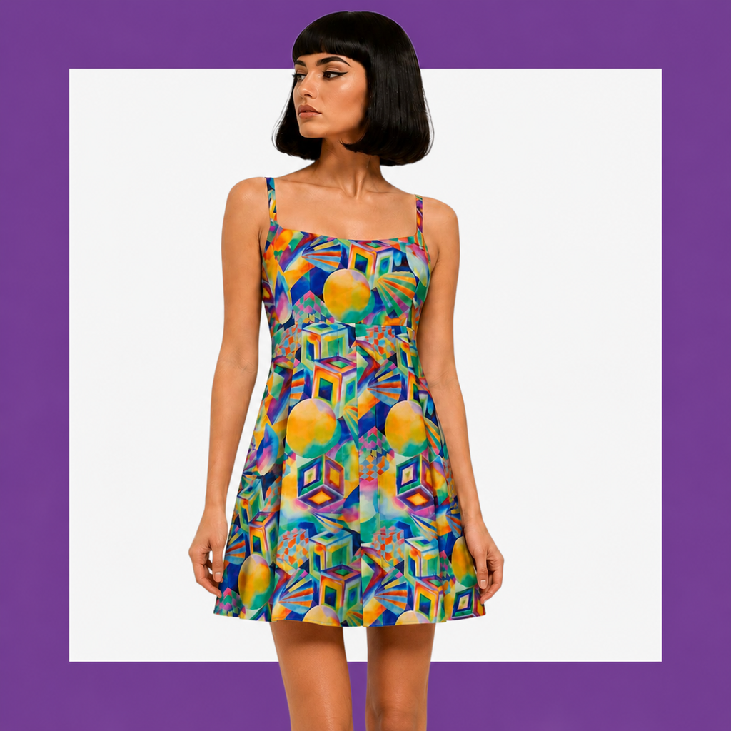 Vintage Abstract 1970s 1980s Colourful Mini Dress