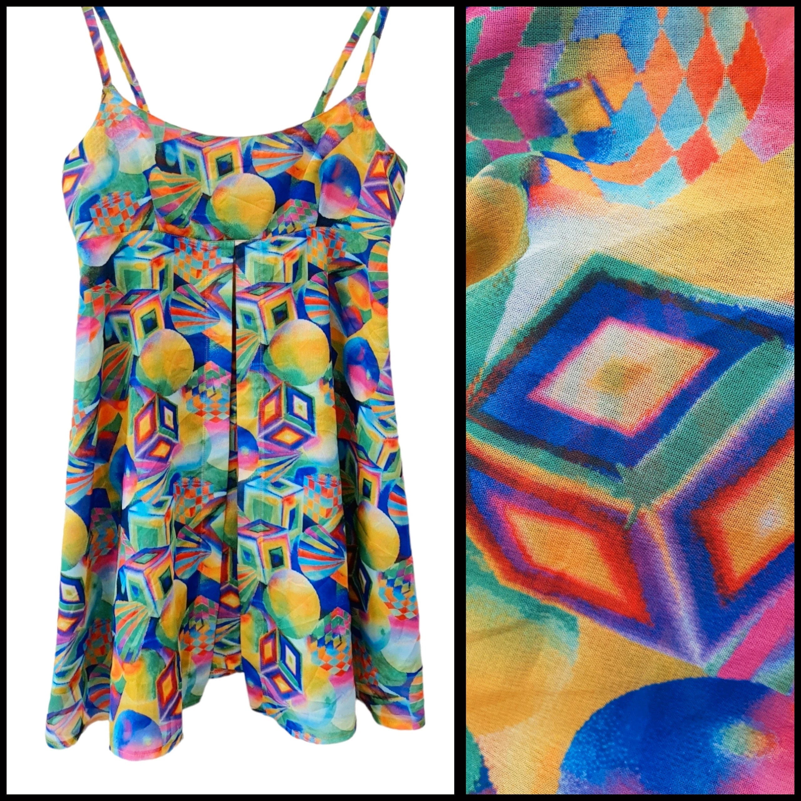 Vintage Abstract 1970s 1980s Colourful Mini Dress