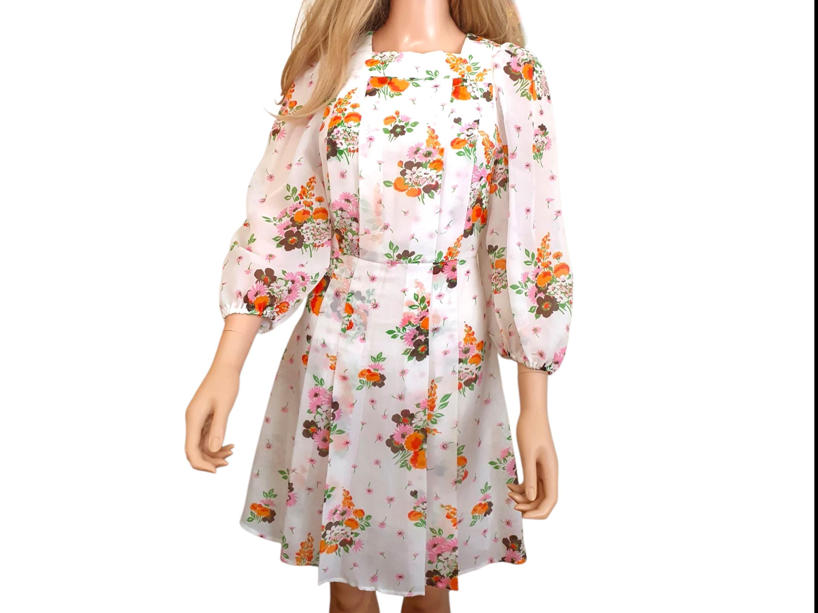 1960s Floral Chiffon Mini Day Dress