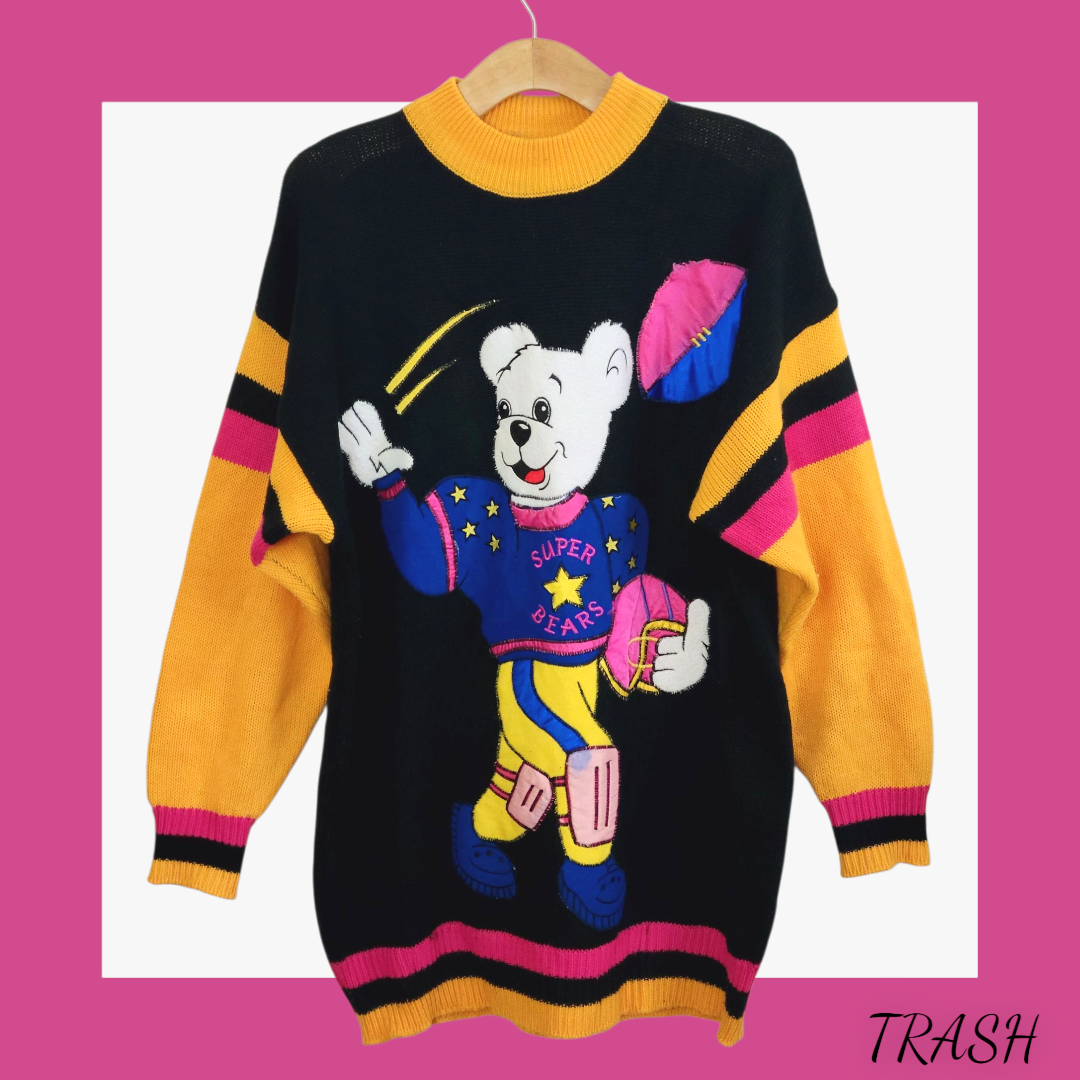 Colourful vintage sweater with funky bear American football graphic