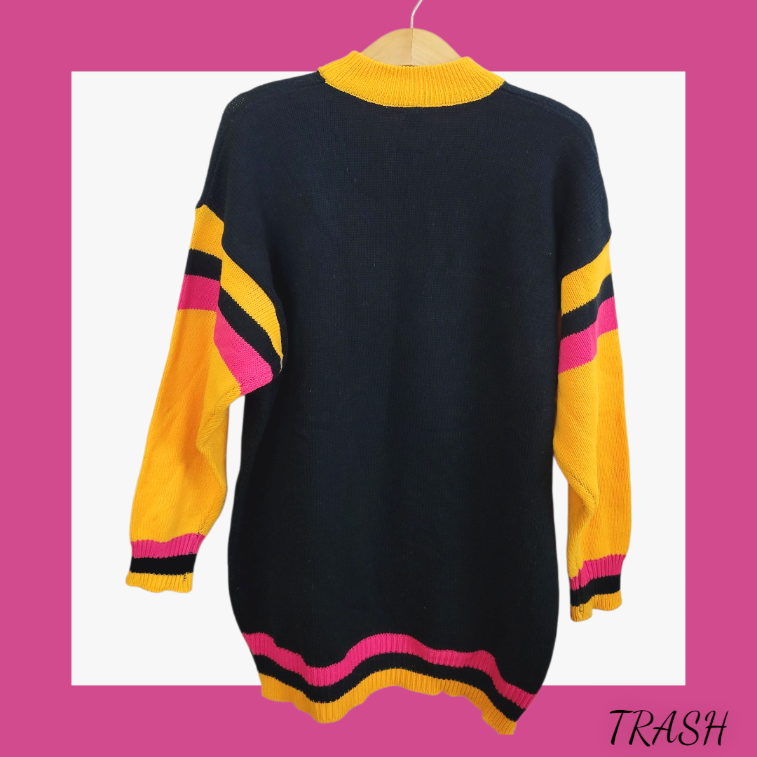 Back view of Colourful vintage sweater with funky bear American football graphic