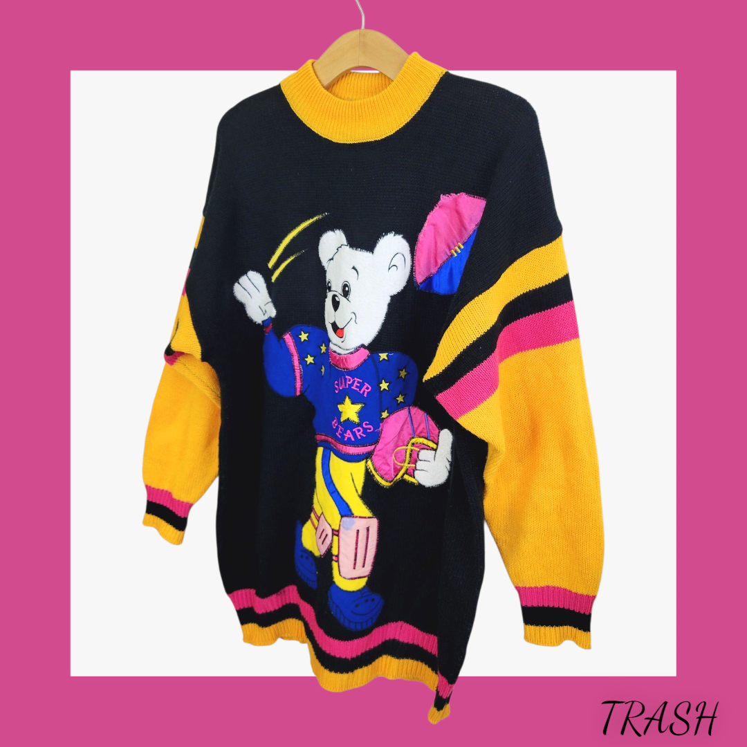 Colourful vintage sweater with funky bear American football graphic from Trash Vintage UK