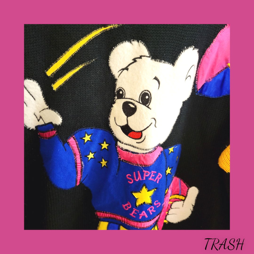 Cartoon bear character SWEATER with 'Super Bears' text. sIZE 12 14 16 freesize. Bur from online shop Trash Vintage
