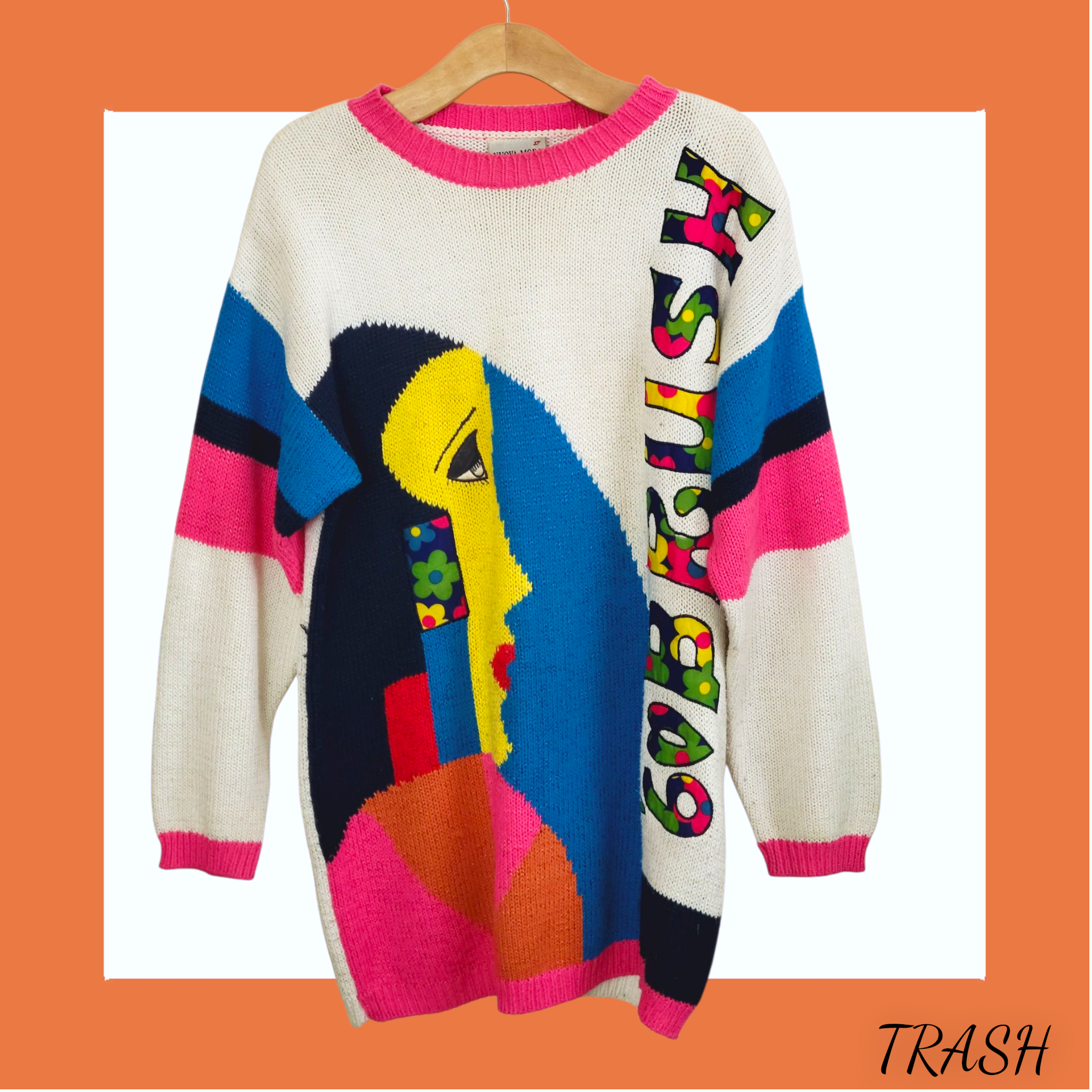 Vintage 1990s graphic jumper with colourful pop art face design. But online from Trash Vintage UK