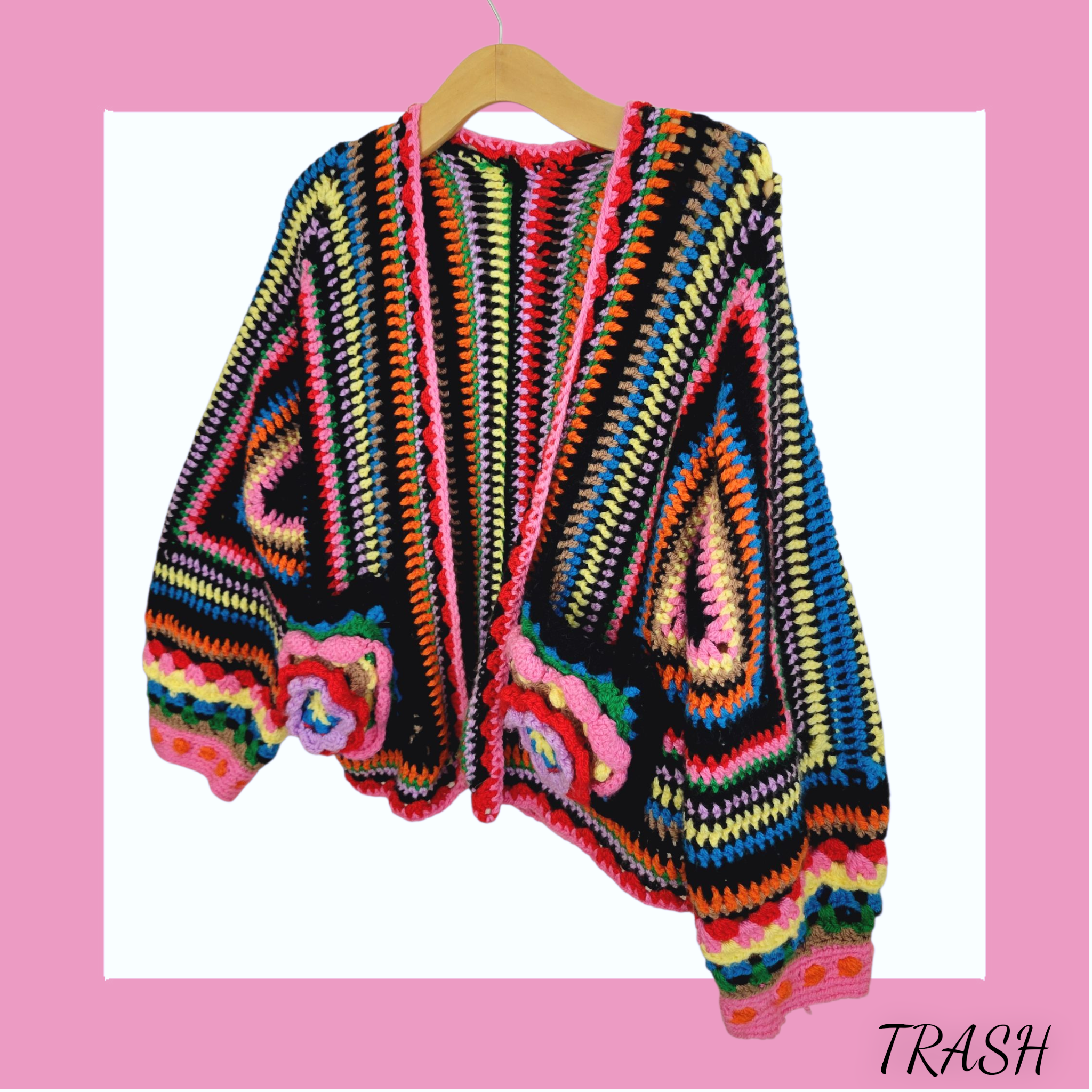Bohemian bomber jacket with rainbow crochet and floral pockets