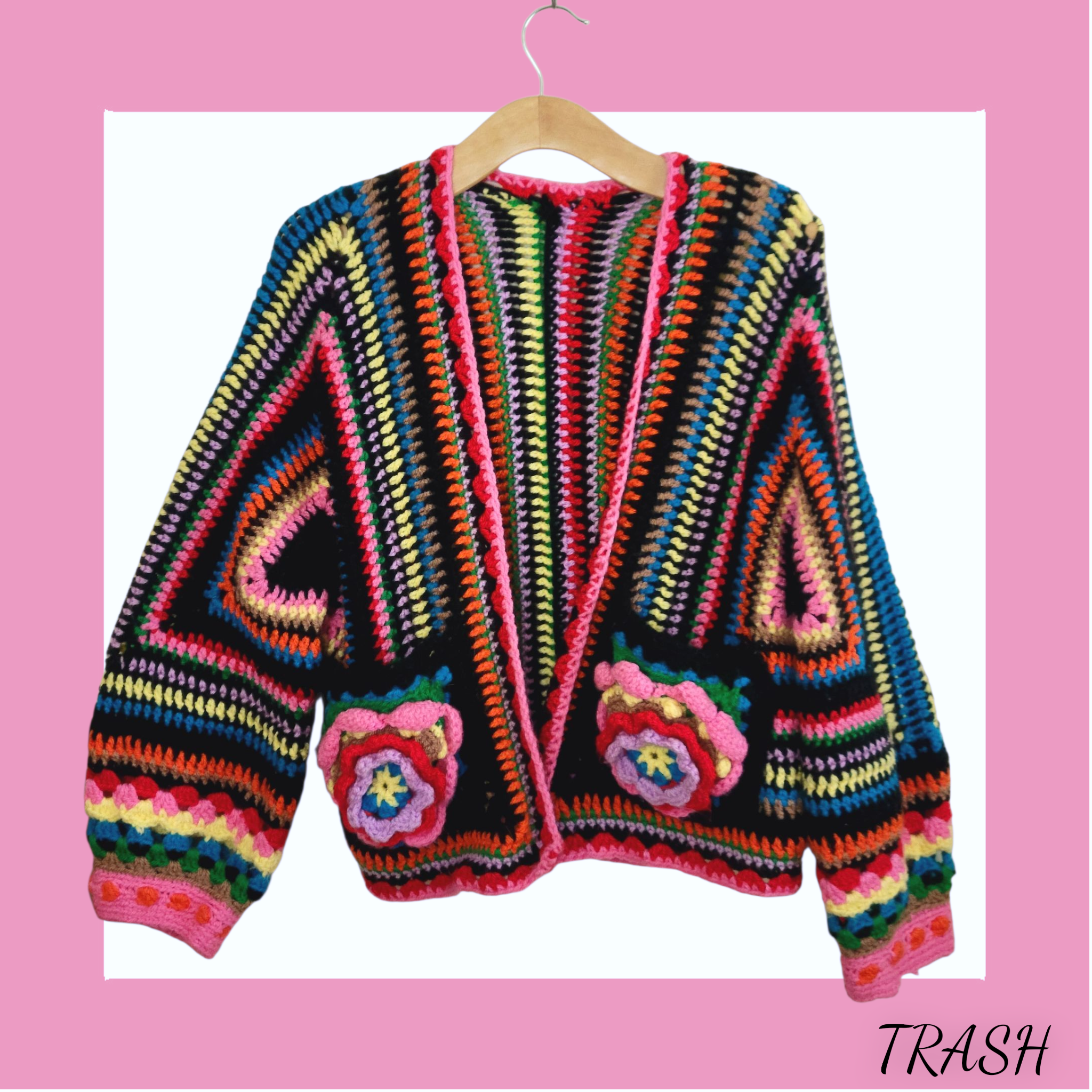 Frida Kahlo style Y2K cropped crochet cardigan multicoloured