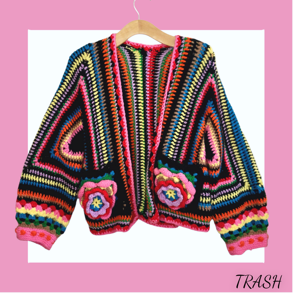 Handmade multicolour crochet cardigan inspired by Frida Kahlo but online at Trash Vintage UK