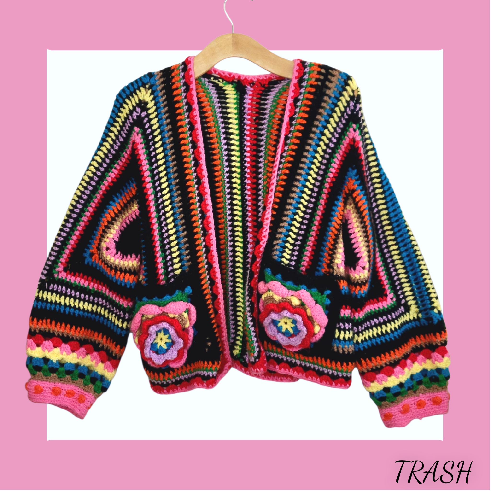 Handmade multicolour crochet cardigan inspired by Frida Kahlo but online at Trash Vintage UK