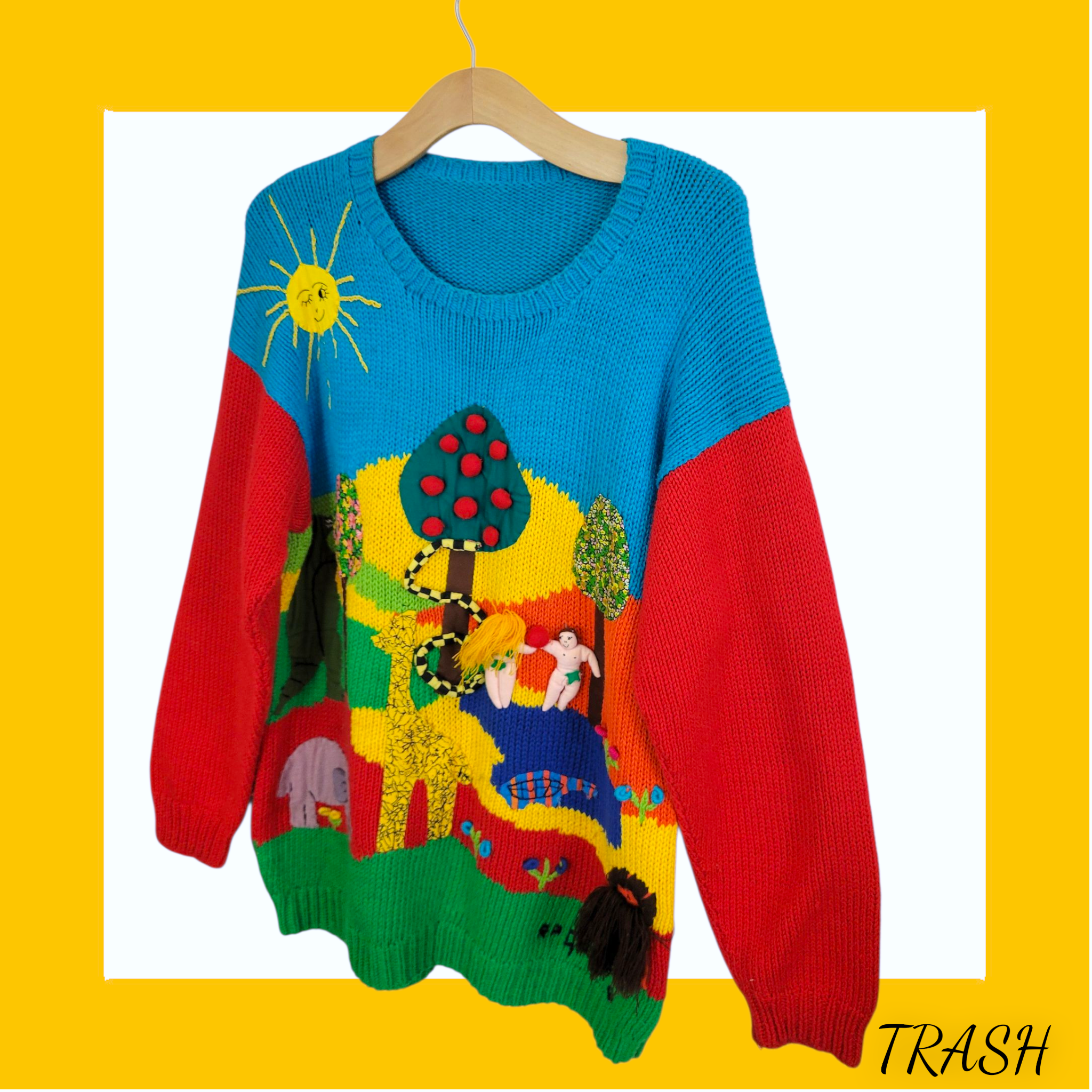Retro multicolour ugly jumper with embroidered biblical scene and yarn accents. Buy from Trash Vintage UK