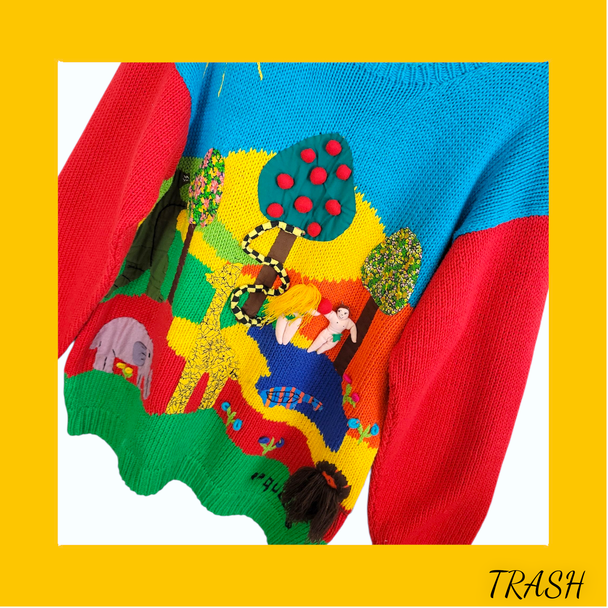 Handmade 90s cotton sweater from Peru with quirky Adam & Eve dolls