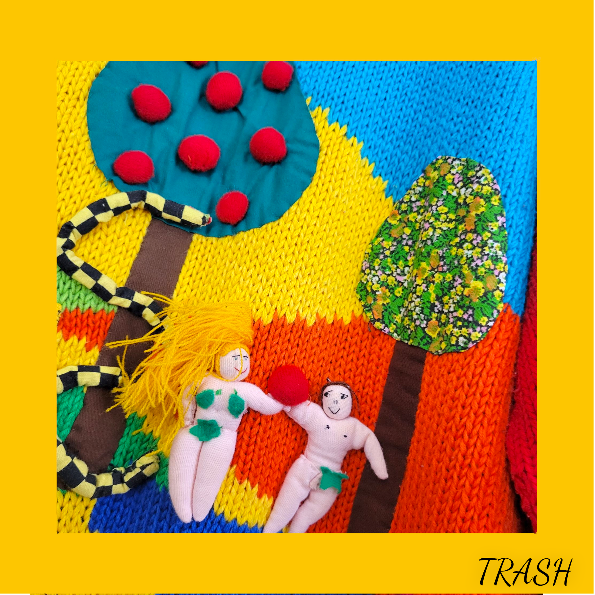 90s vintage jumper Colorful knitted scene with two figures, a tree, and a snake on a yellow background.