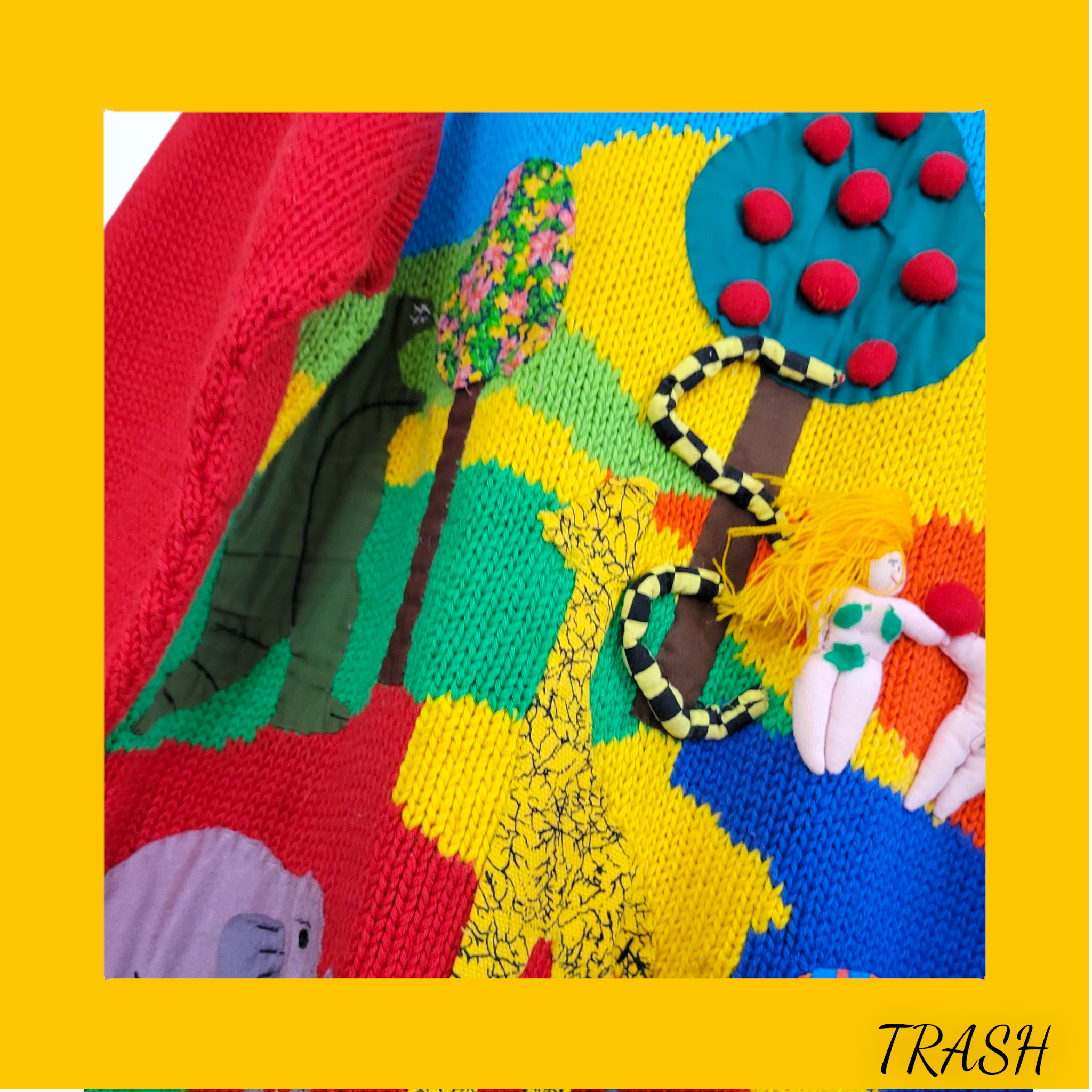Vintage 90s ugly jumper with Colorful knitted scene with trees, animals, and people on a yellow background