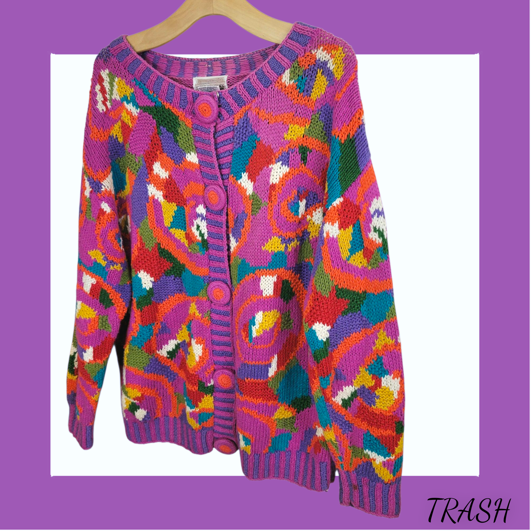 Bold geometric patterned cardigan – 90s oversized vintage knit