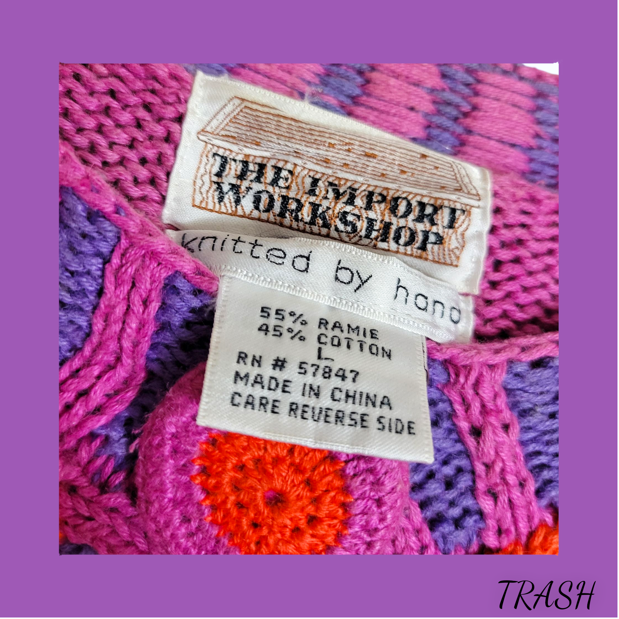 Label on a knitted 90s cardigan  with 'The Import Workshop' branding and text about material and care instructions.