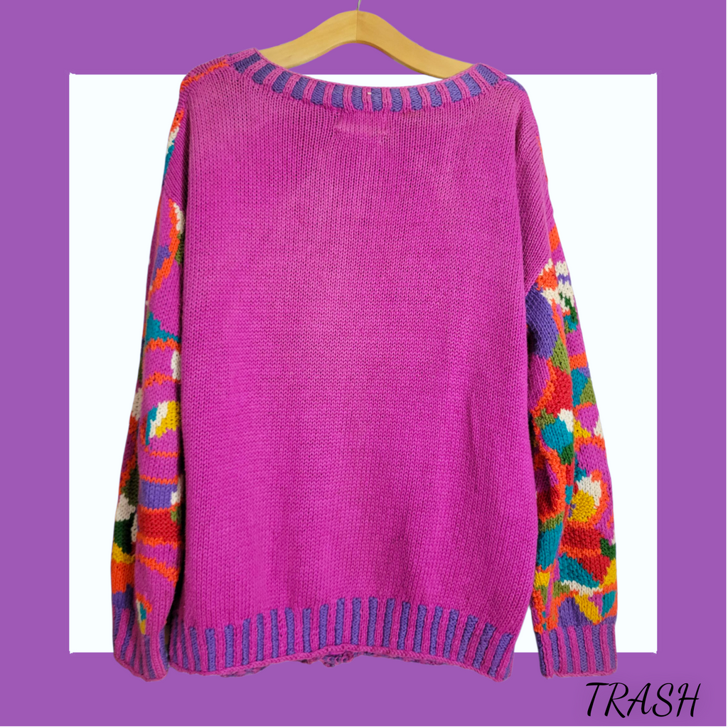 Bold geometric patterned cardigan – 90s oversized vintage knit - back view