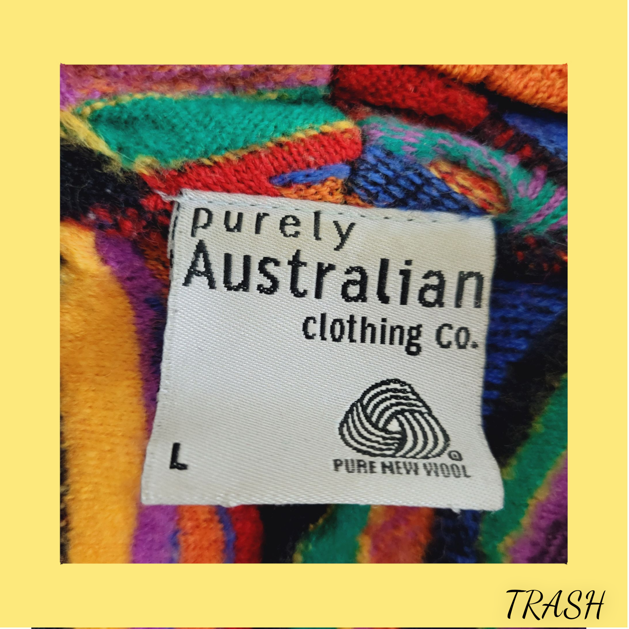 Colorful vintage 90s jumper with a 'purely Australian clothing Co.' label 