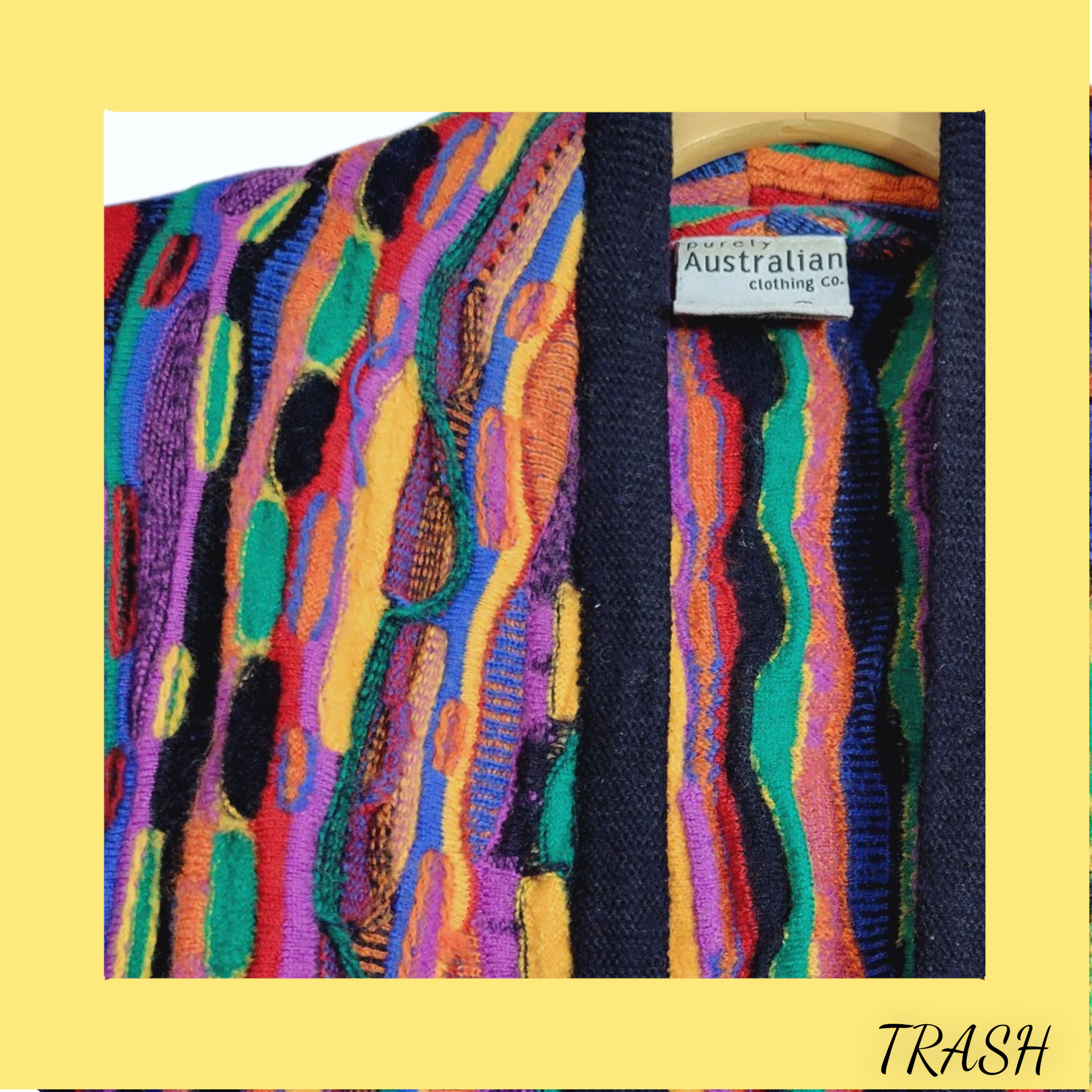 Retro textured multicoloured cardigan 100% merino wool 1990s fashion