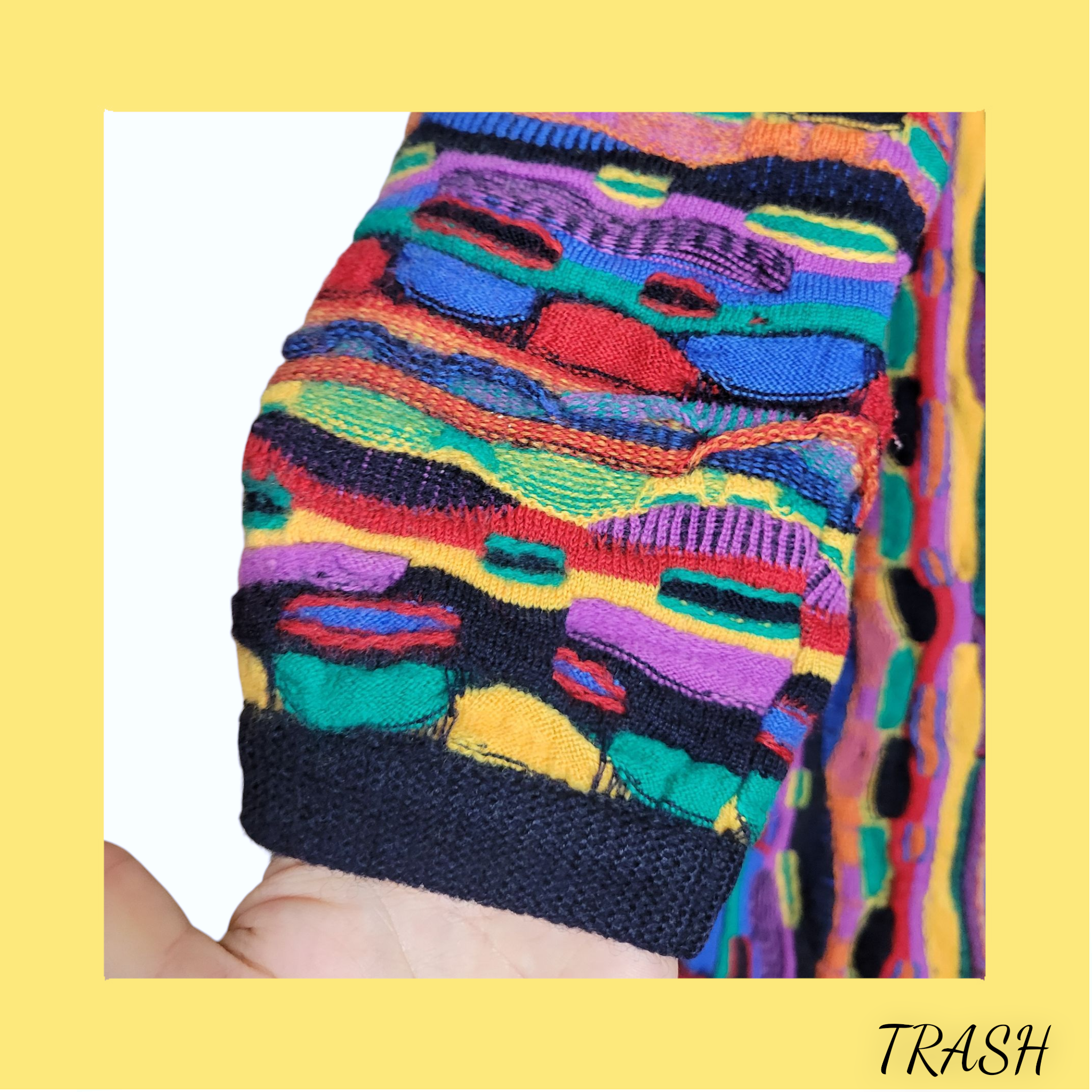 Australian Coogi rival brand sweater with bold rainbow design - sleeve close up