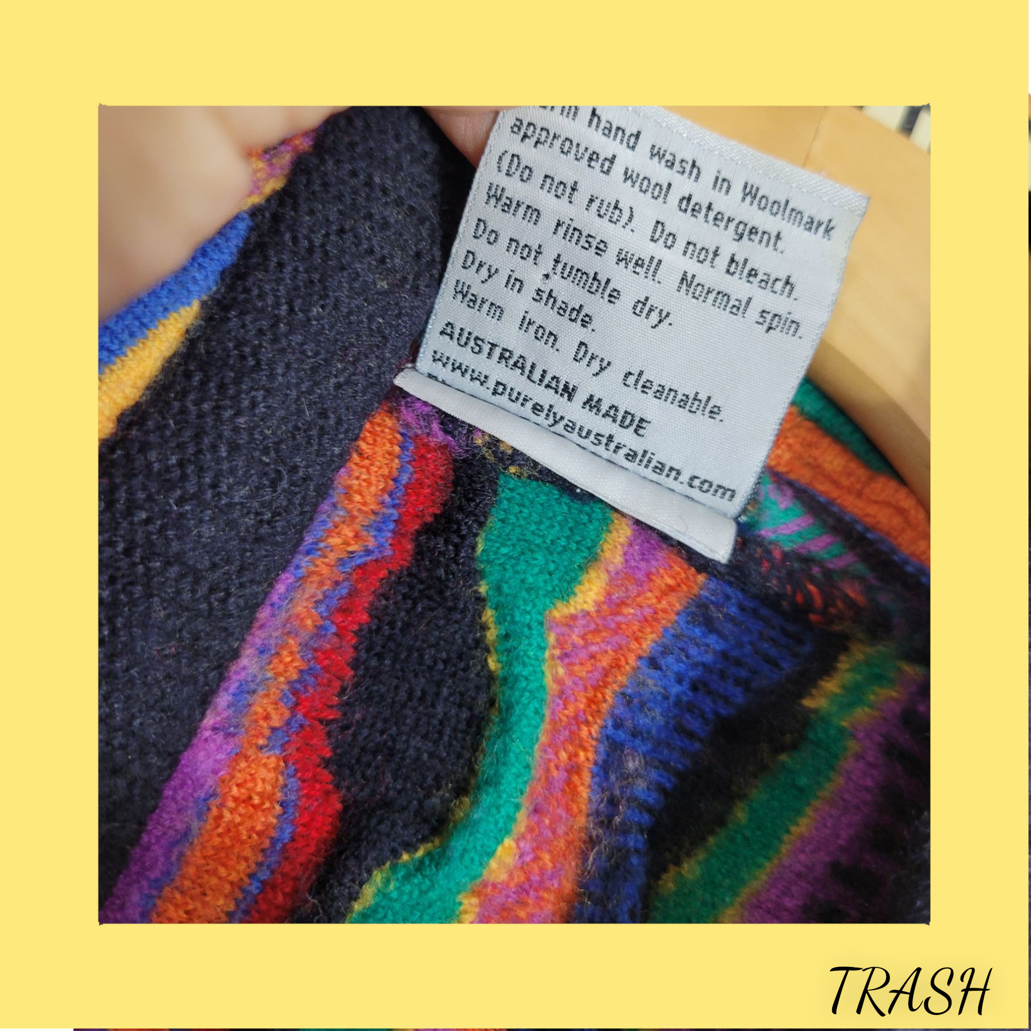 Colorful knitted fabric with a label on a yellow border