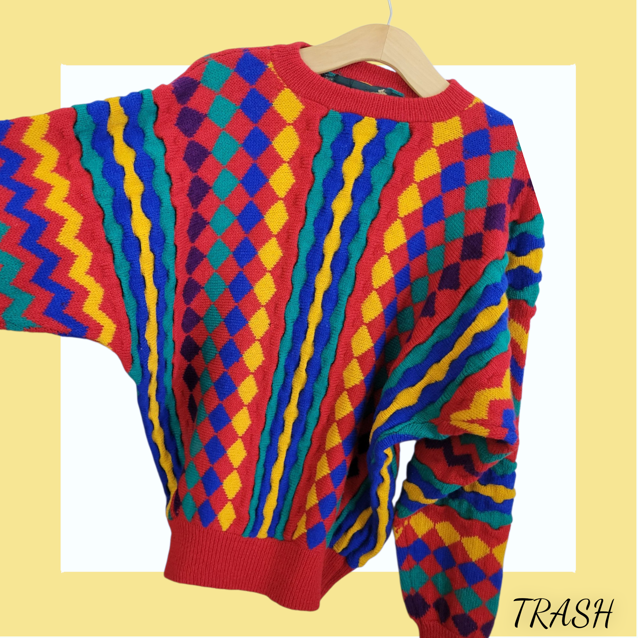 Unisex Vintage 80s/90s geometric harlequin jumper in red and multicolour sweater