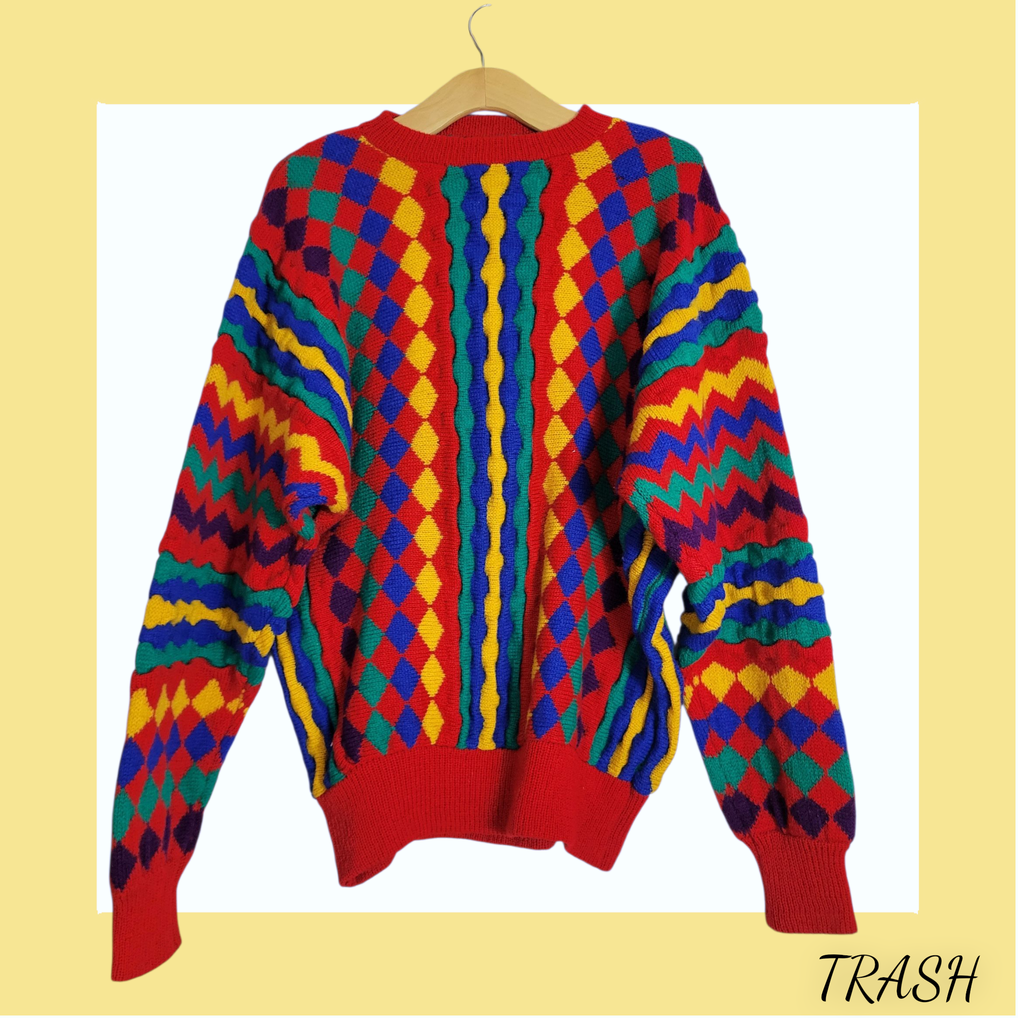 Unisex Vintage 80s/90s geometric harlequin jumper in red and multicolour sweater- front view
