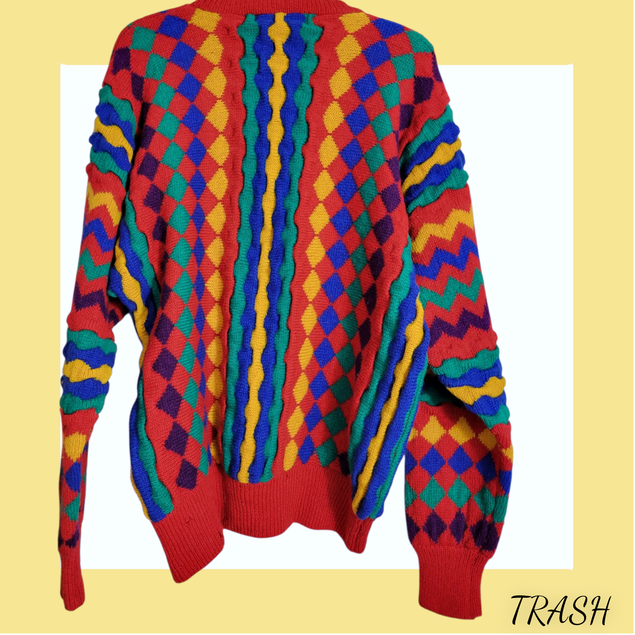 Unisex Vintage 80s/90s geometric harlequin jumper in red and multicolour sweater - back view - Buy online from Trash Vintage UK

