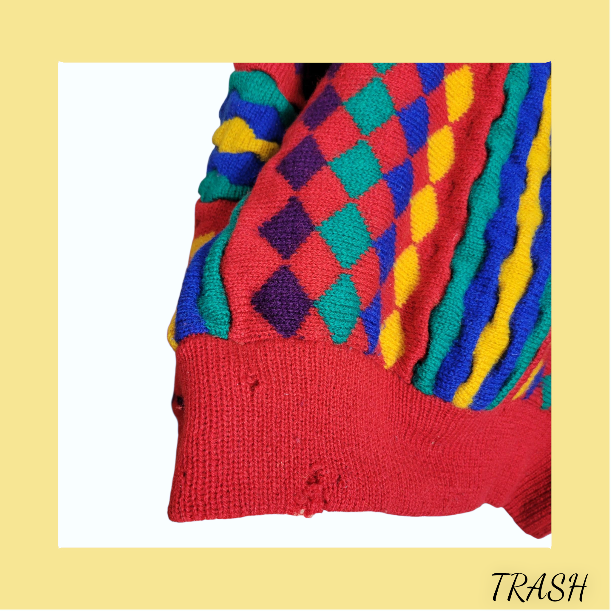 Colorful knitted jumper with a diamond pattern - close of vintage wear 