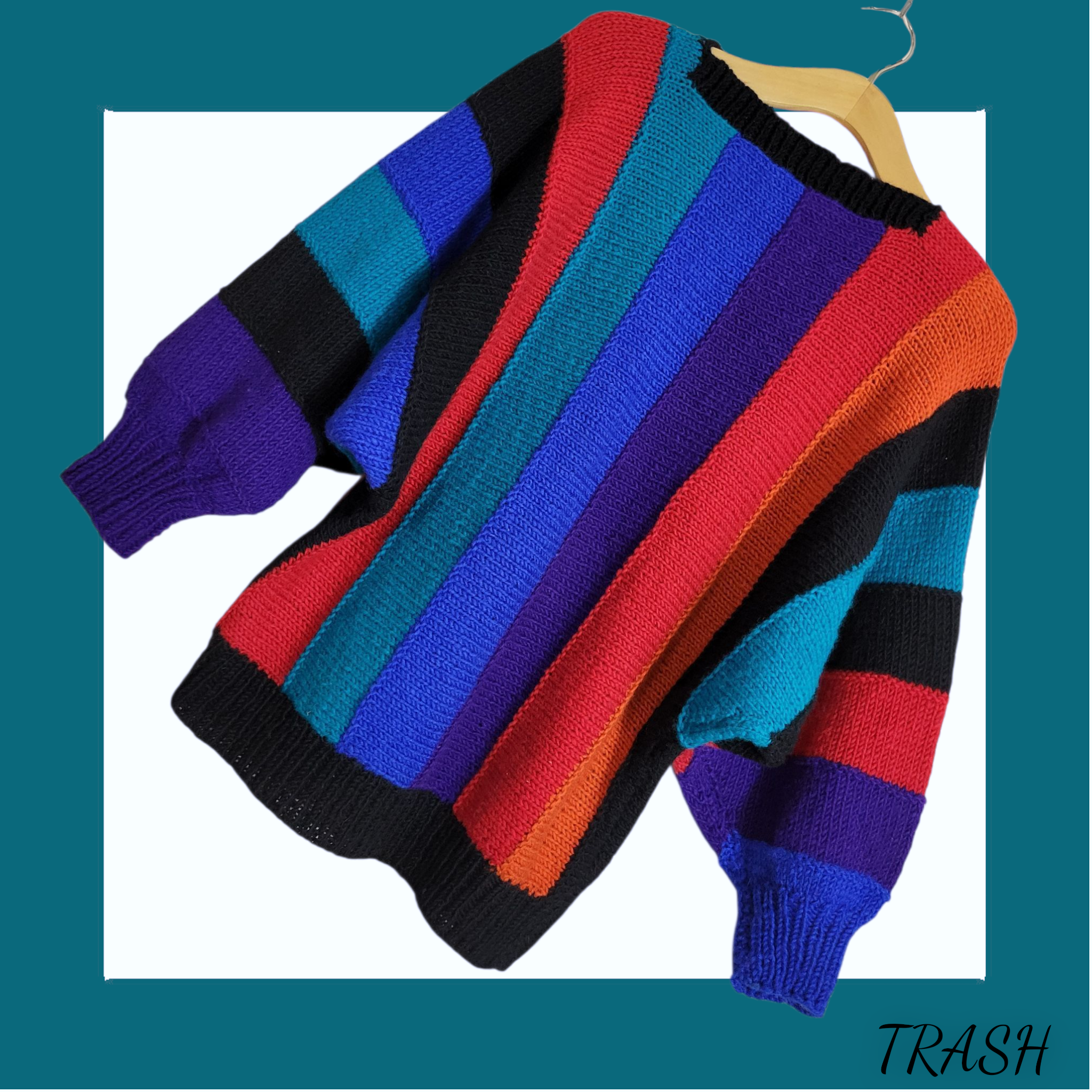 Retro multicoloured pure new wool sweater with boat neck design