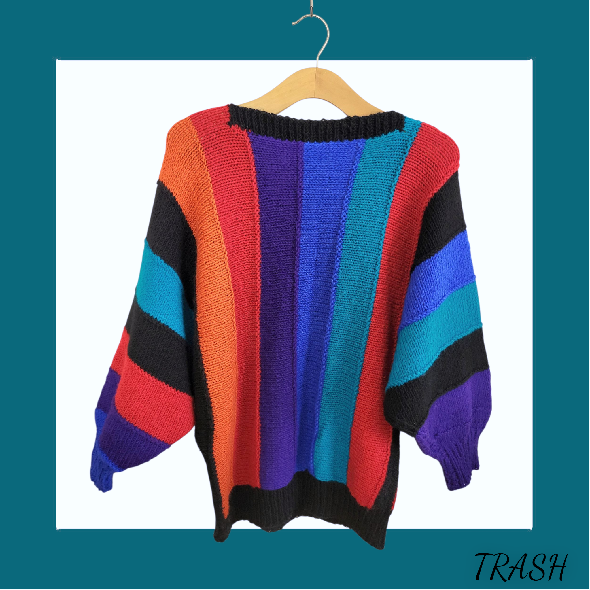 Vintage 90s striped colour block sweater rainbow chunky wool jumper - Back view.