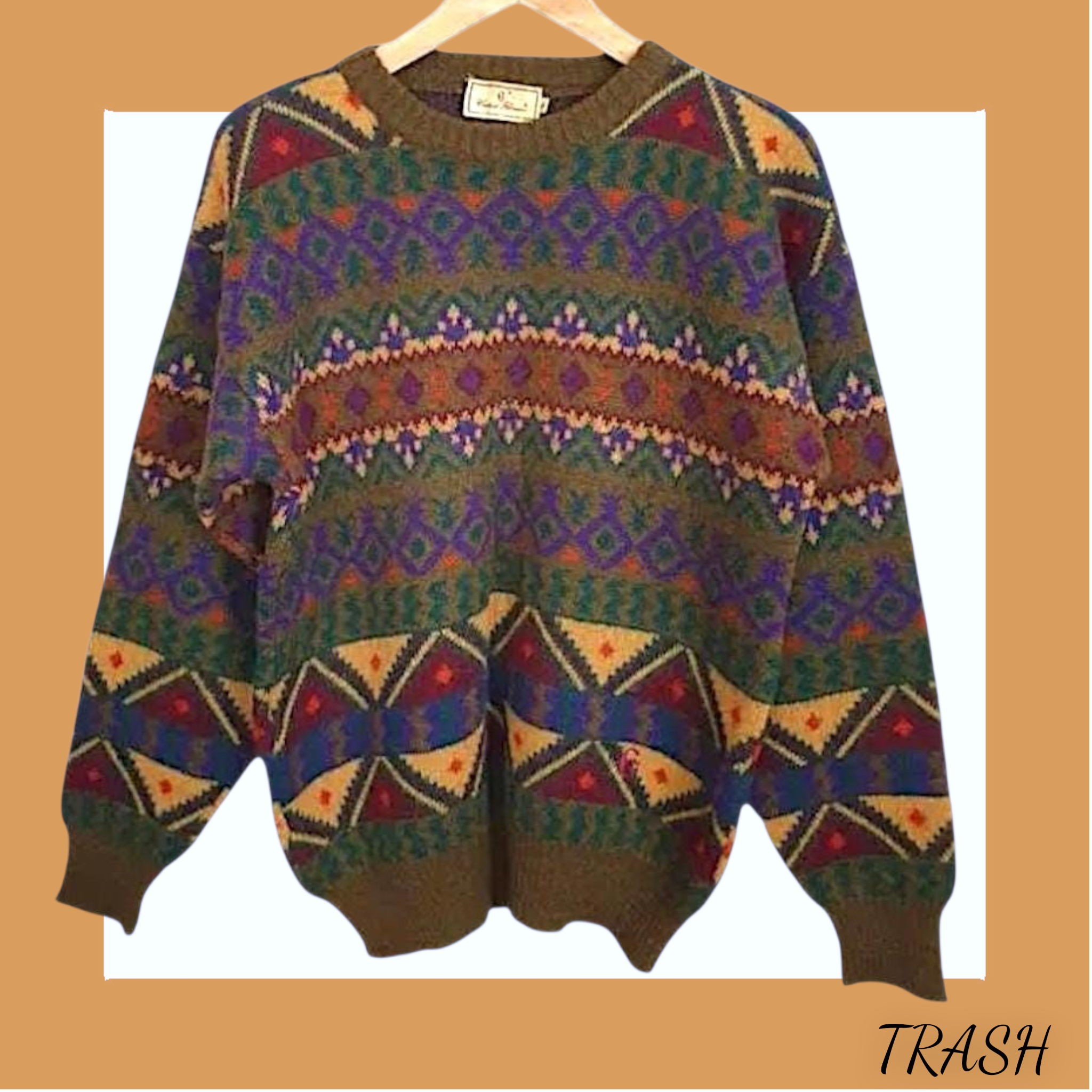 Vintage green grandad sweater with multicoloured abstract pattern. But online from Trash Vintage UK.