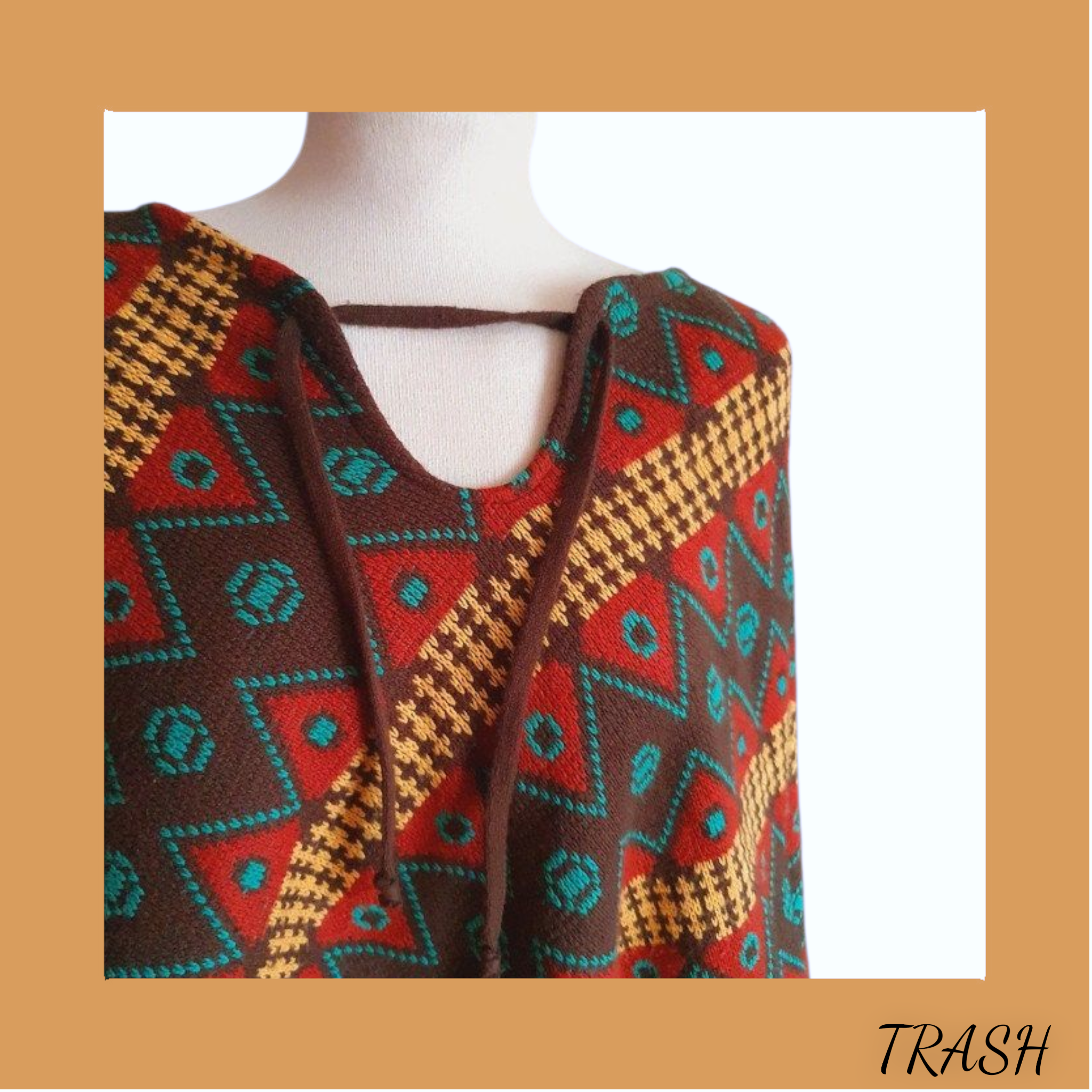 Close up of 1970s vintage poncho from Trash Vintage UK