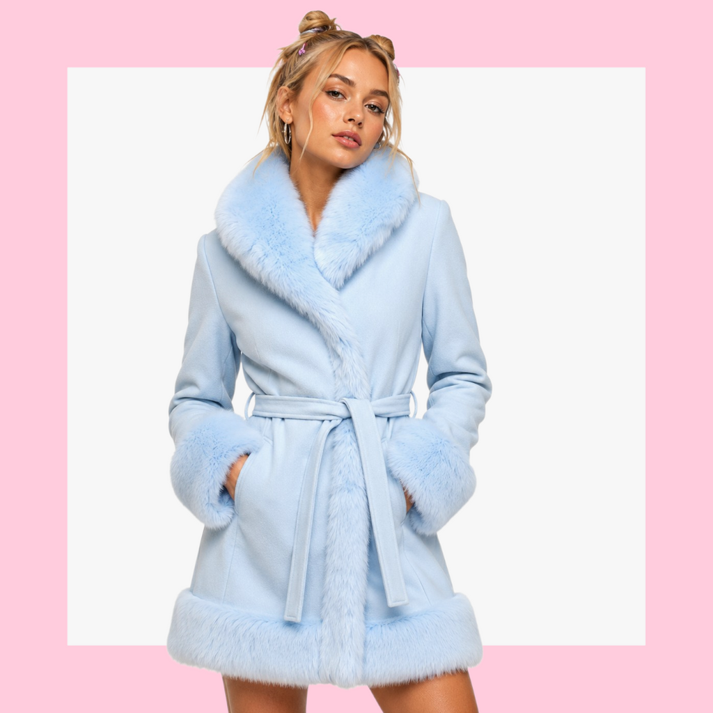 vintage 90s blue fake fur belted coat Trash Vintage