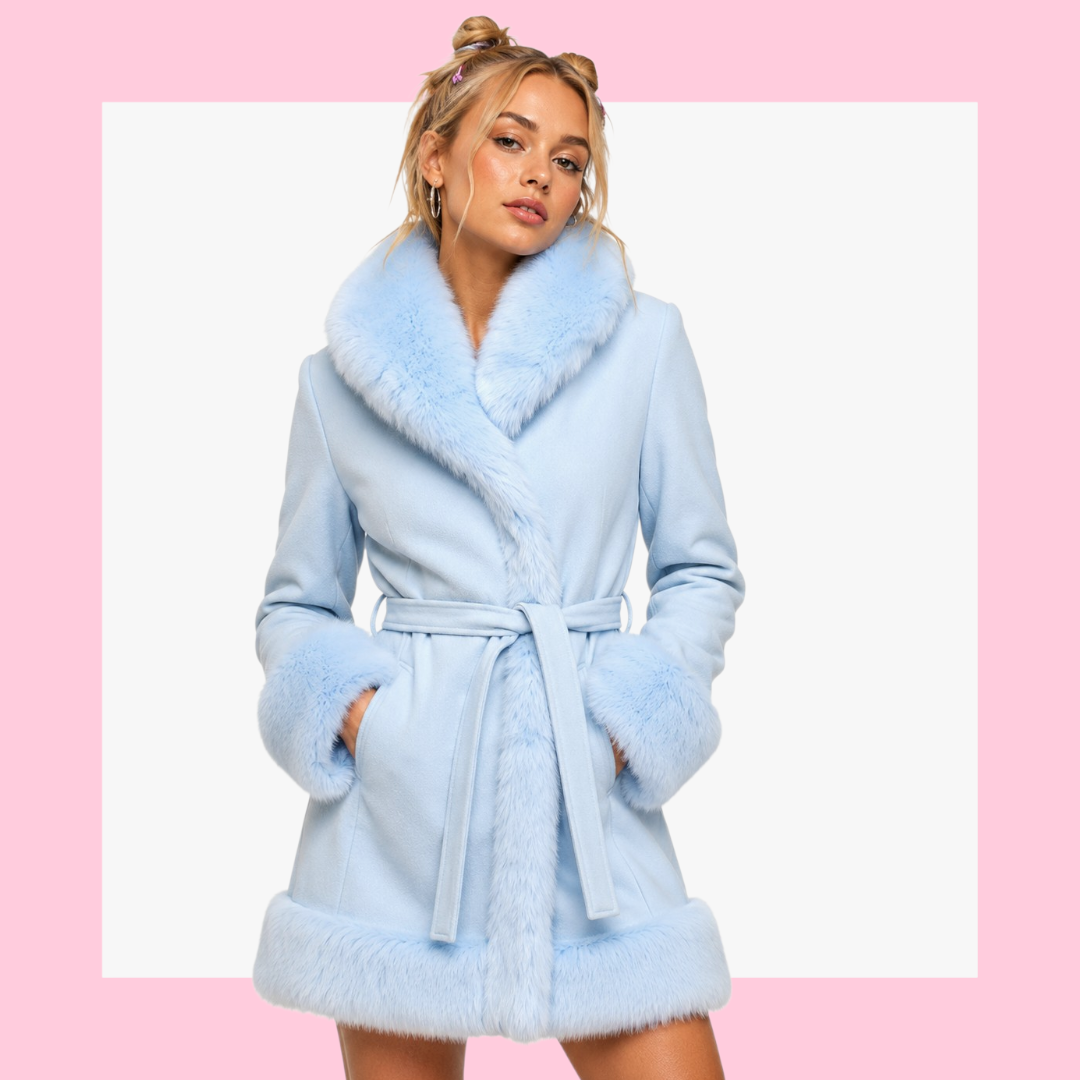vintage 90s blue fake fur belted coat Trash Vintage