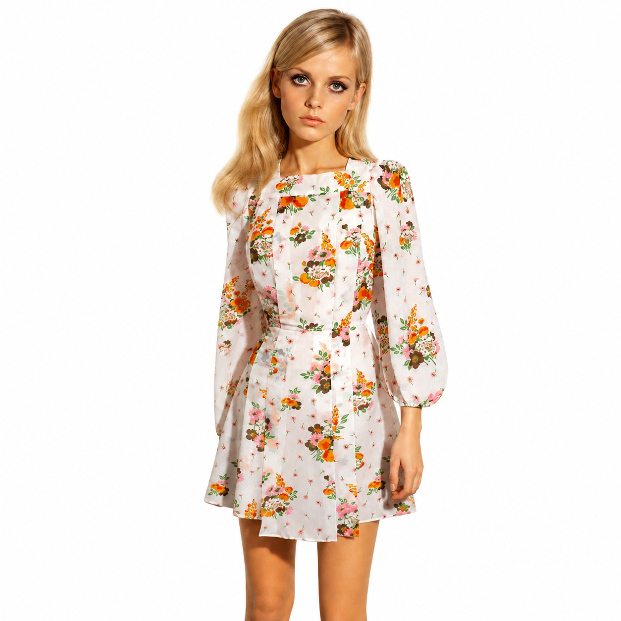 1960s Floral Chiffon Mini Day Dress